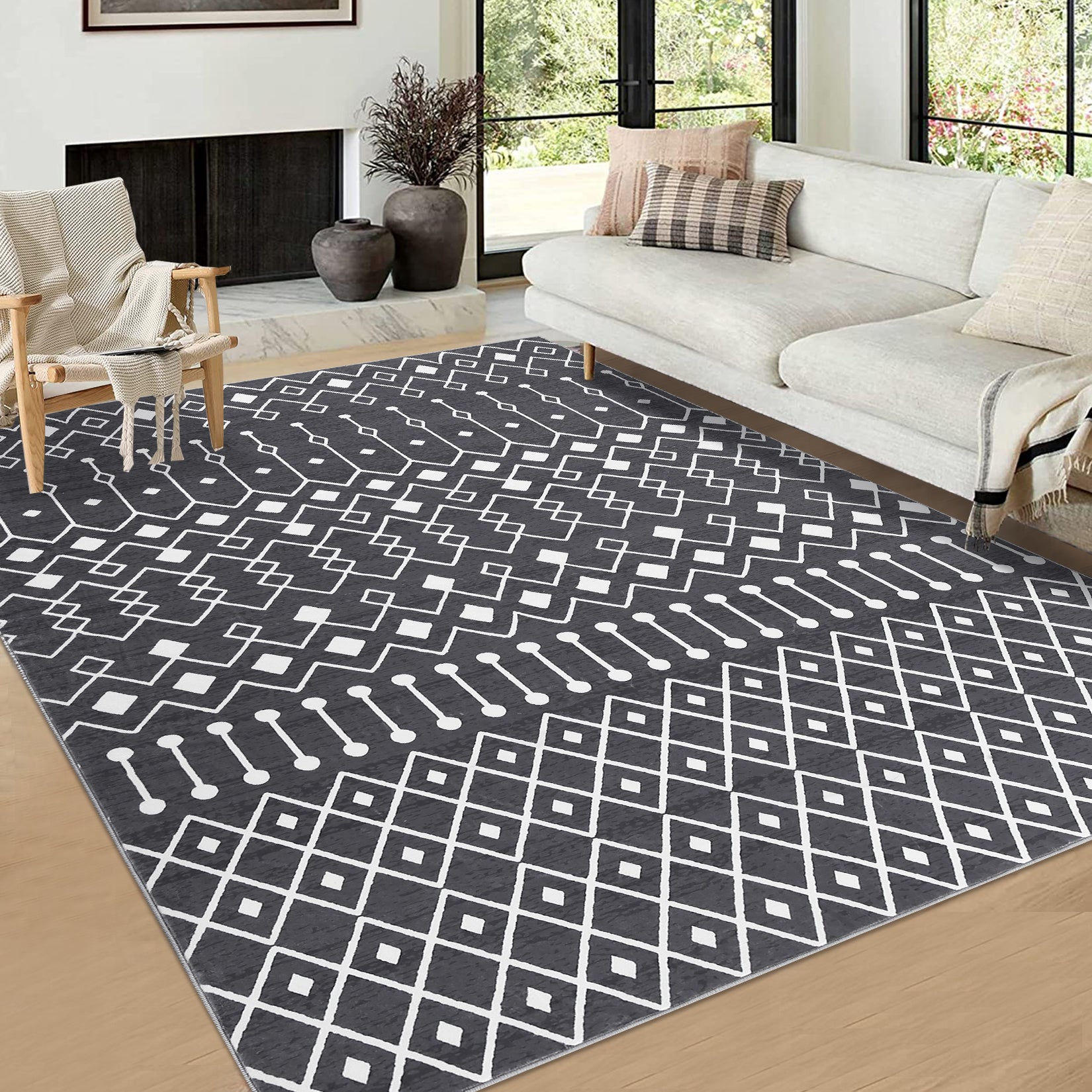 Garvee Washable 8x10 Grey Moroccan Rug - Modern Geometric Low Pile Carpet for Bedroom & Living Room - Non-Slip, Easy Care, Durable, Cozy Polyester