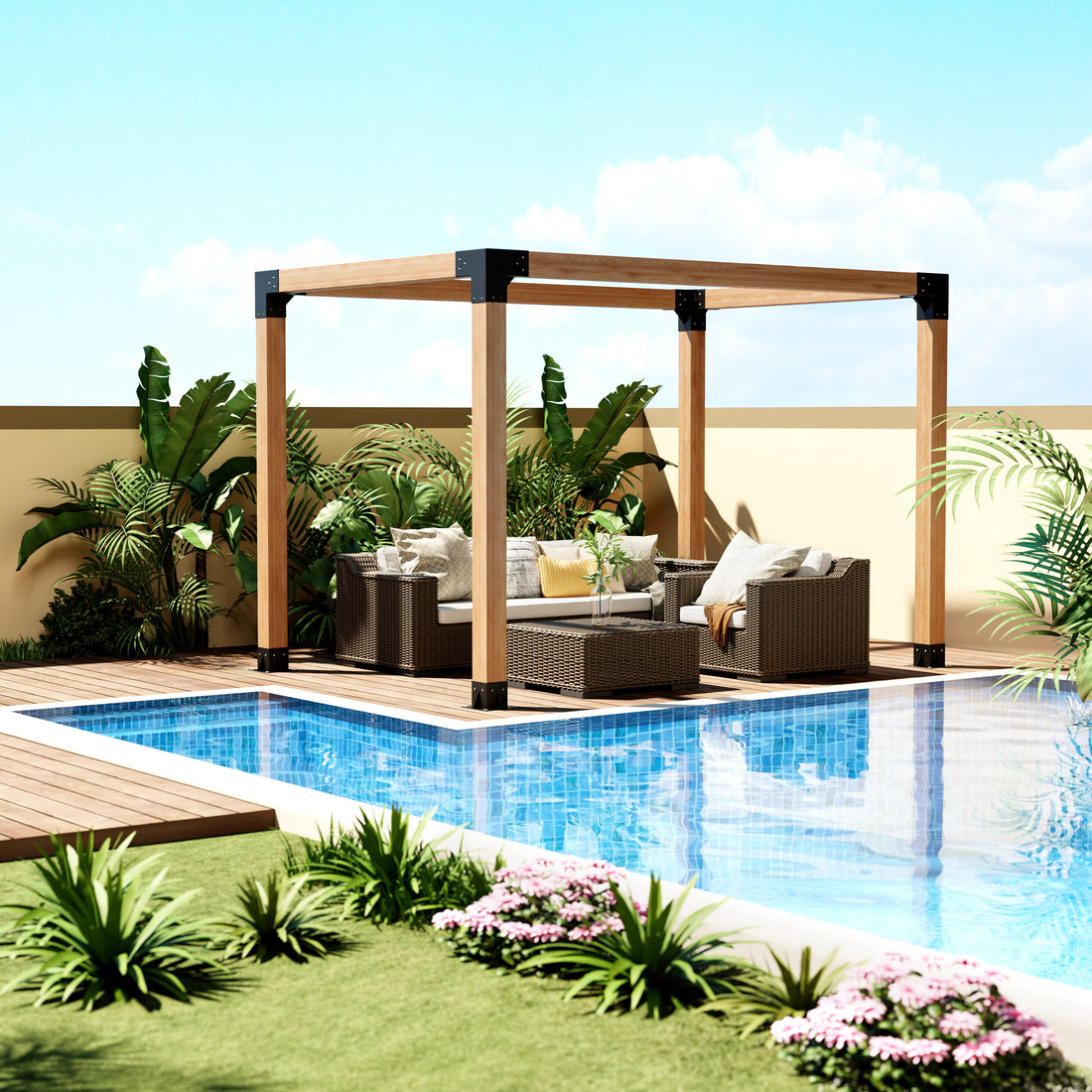 Garvee 4″×4″ (Inner 3.6″x3.6″) Pergola Bracket Kit (4x 3-Way + 4x Base) for Wood Beams – Heavy Duty Steel Connectors – DIY Gazebo, Patio, Deck, Outdoor Pergola, Black