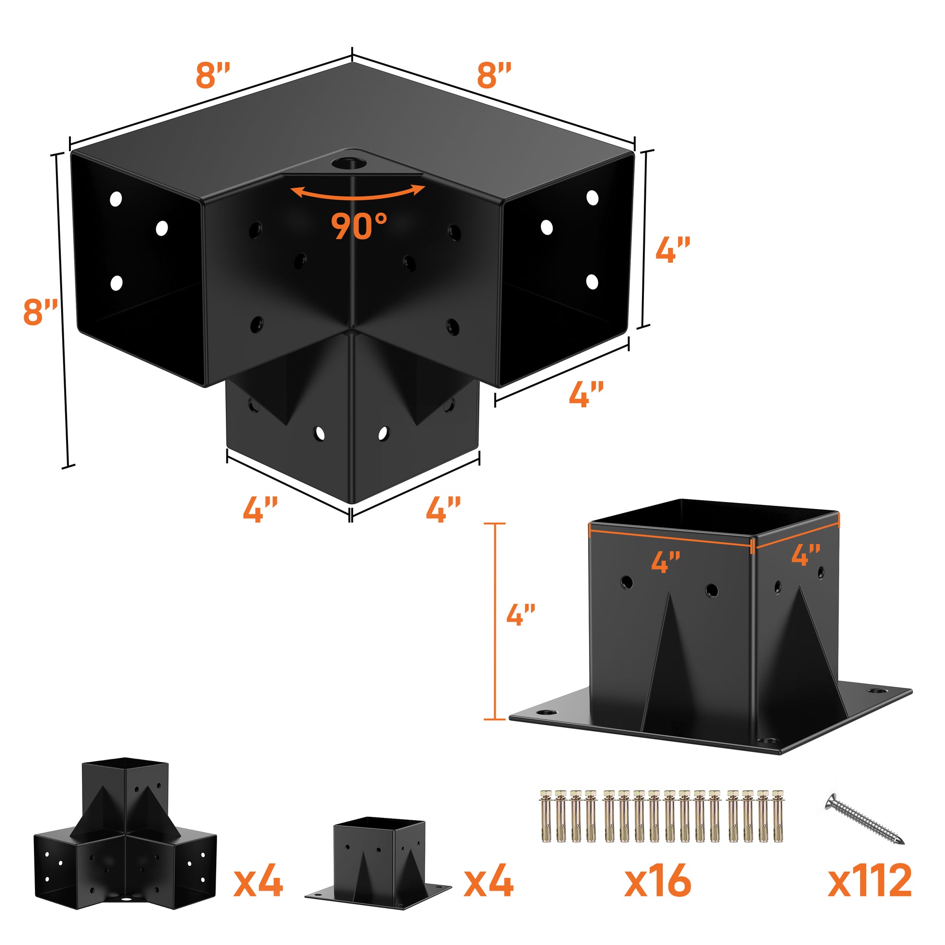 Garvee 4″×4″ (Inner 3.6″x3.6″) Pergola Bracket Kit (4x 3-Way + 4x Base) for Wood Beams – Heavy Duty Steel Connectors – DIY Gazebo, Patio, Deck, Outdoor Pergola, Black
