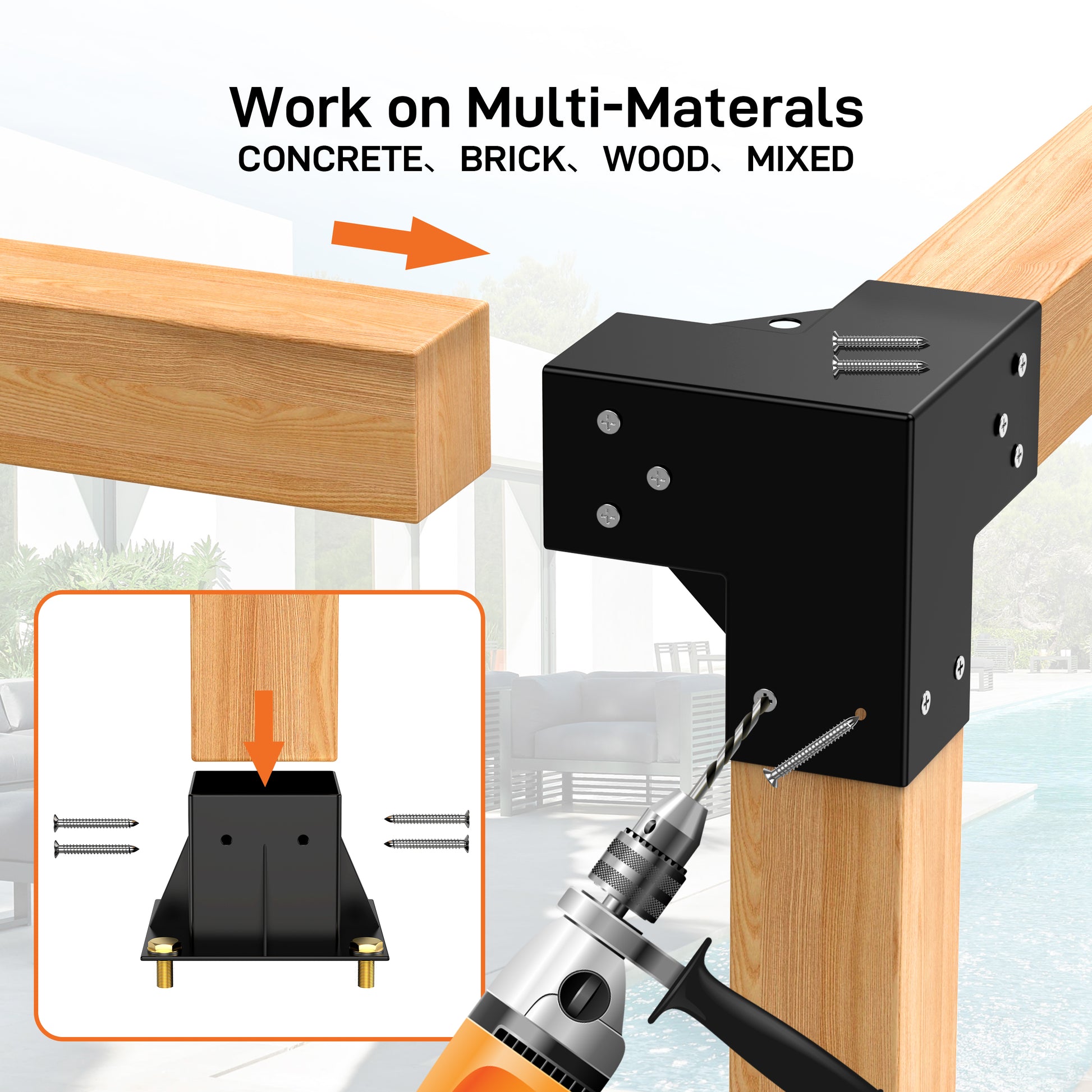 Garvee 4″×4″ (Inner 3.6″x3.6″) Pergola Bracket Kit (4x 3-Way + 4x Base) for Wood Beams – Heavy Duty Steel Connectors – DIY Gazebo, Patio, Deck, Outdoor Pergola, Black