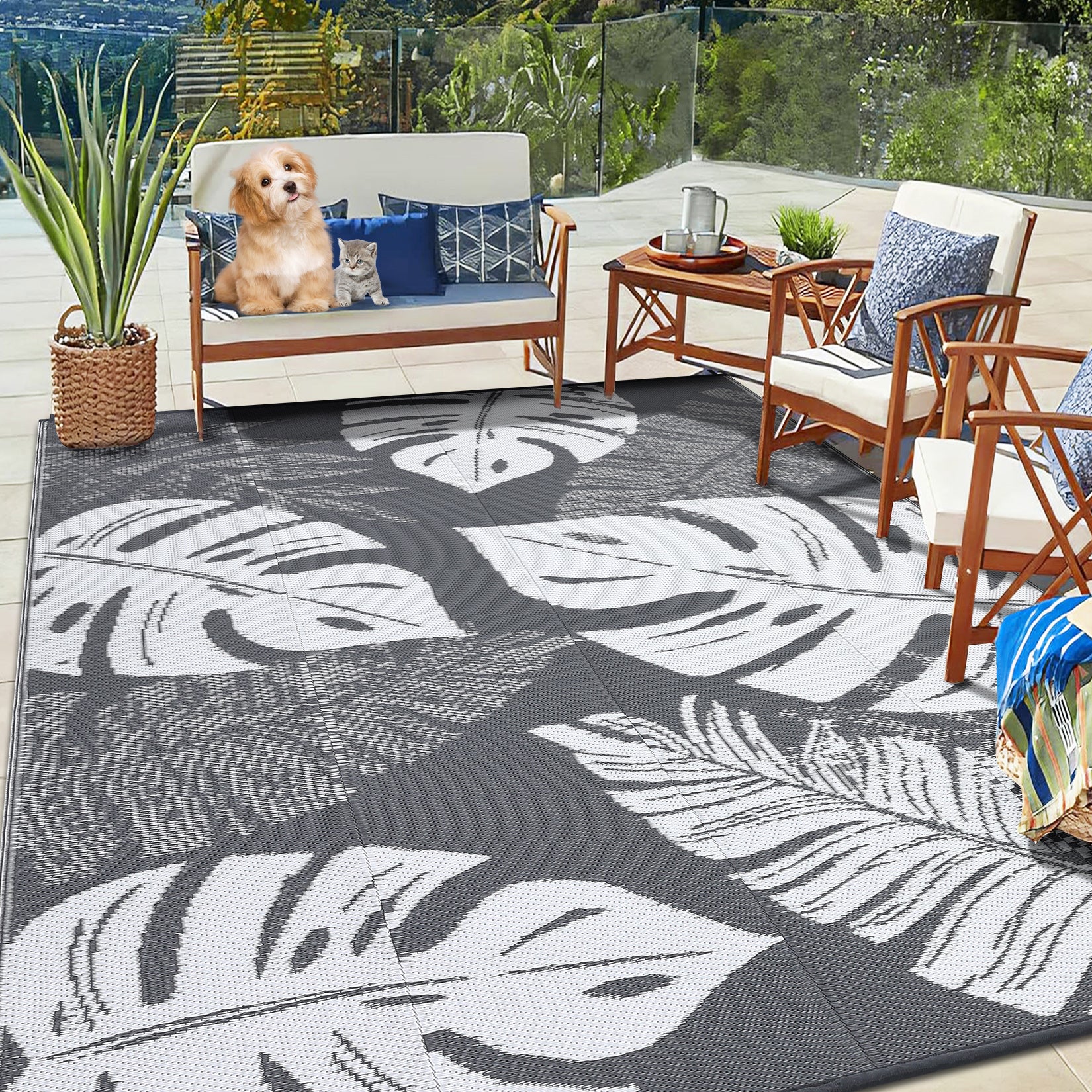 Garvee Outdoor Grey & White 9x12 Rug Waterproof Reversible Outdoor Plastic Straw Rug Tropics Palm Leaves Patio Rug Indoor Outdoor Carpet RV Mat for Deck Backyard Patio RV Camping Beach