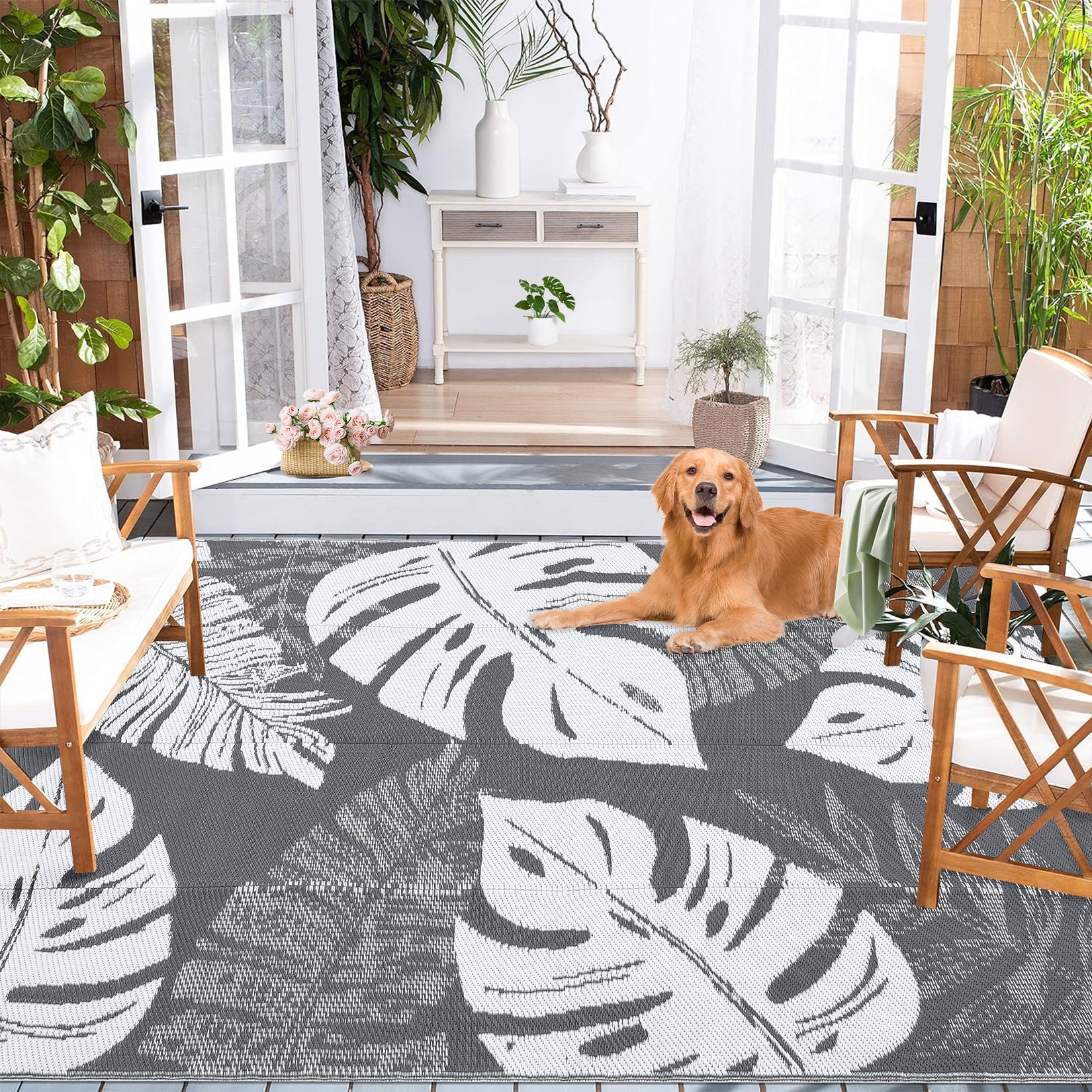 Garvee Outdoor Grey & White 9x12 Rug Waterproof Reversible Outdoor Plastic Straw Rug Tropics Palm Leaves Patio Rug Indoor Outdoor Carpet RV Mat for Deck Backyard Patio RV Camping Beach
