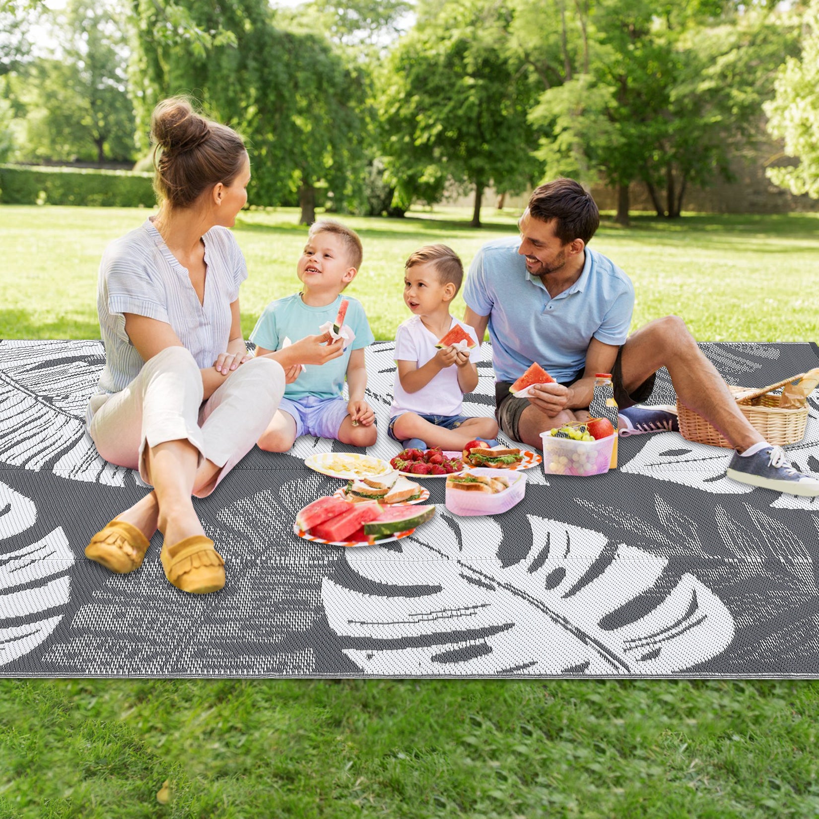 Garvee Outdoor Grey & White 9x12 Rug Waterproof Reversible Outdoor Plastic Straw Rug Tropics Palm Leaves Patio Rug Indoor Outdoor Carpet RV Mat for Deck Backyard Patio RV Camping Beach