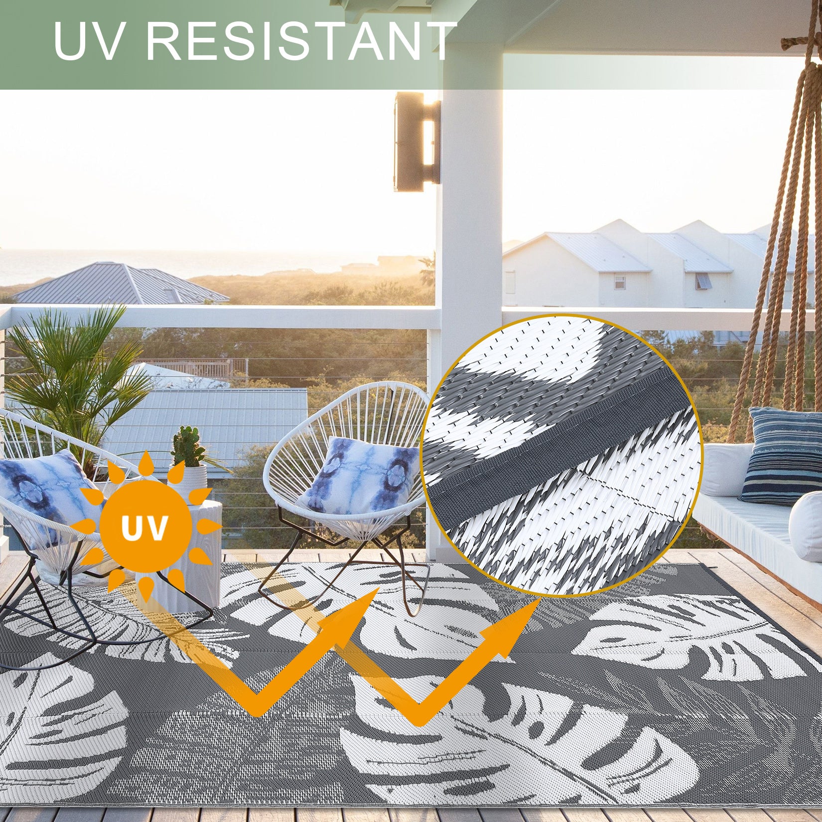 Garvee Outdoor Grey & White 9x12 Rug Waterproof Reversible Outdoor Plastic Straw Rug Tropics Palm Leaves Patio Rug Indoor Outdoor Carpet RV Mat for Deck Backyard Patio RV Camping Beach