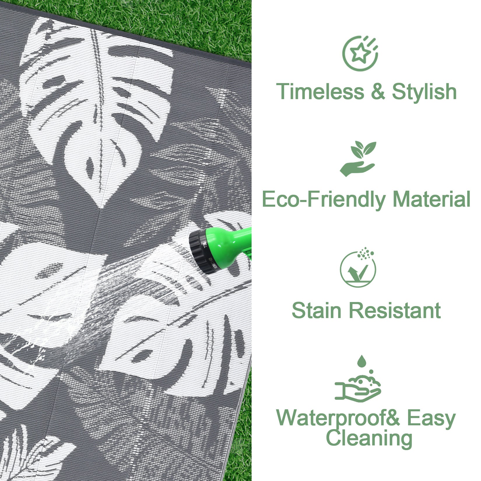 Garvee Outdoor Grey & White 9x12 Rug Waterproof Reversible Outdoor Plastic Straw Rug Tropics Palm Leaves Patio Rug Indoor Outdoor Carpet RV Mat for Deck Backyard Patio RV Camping Beach