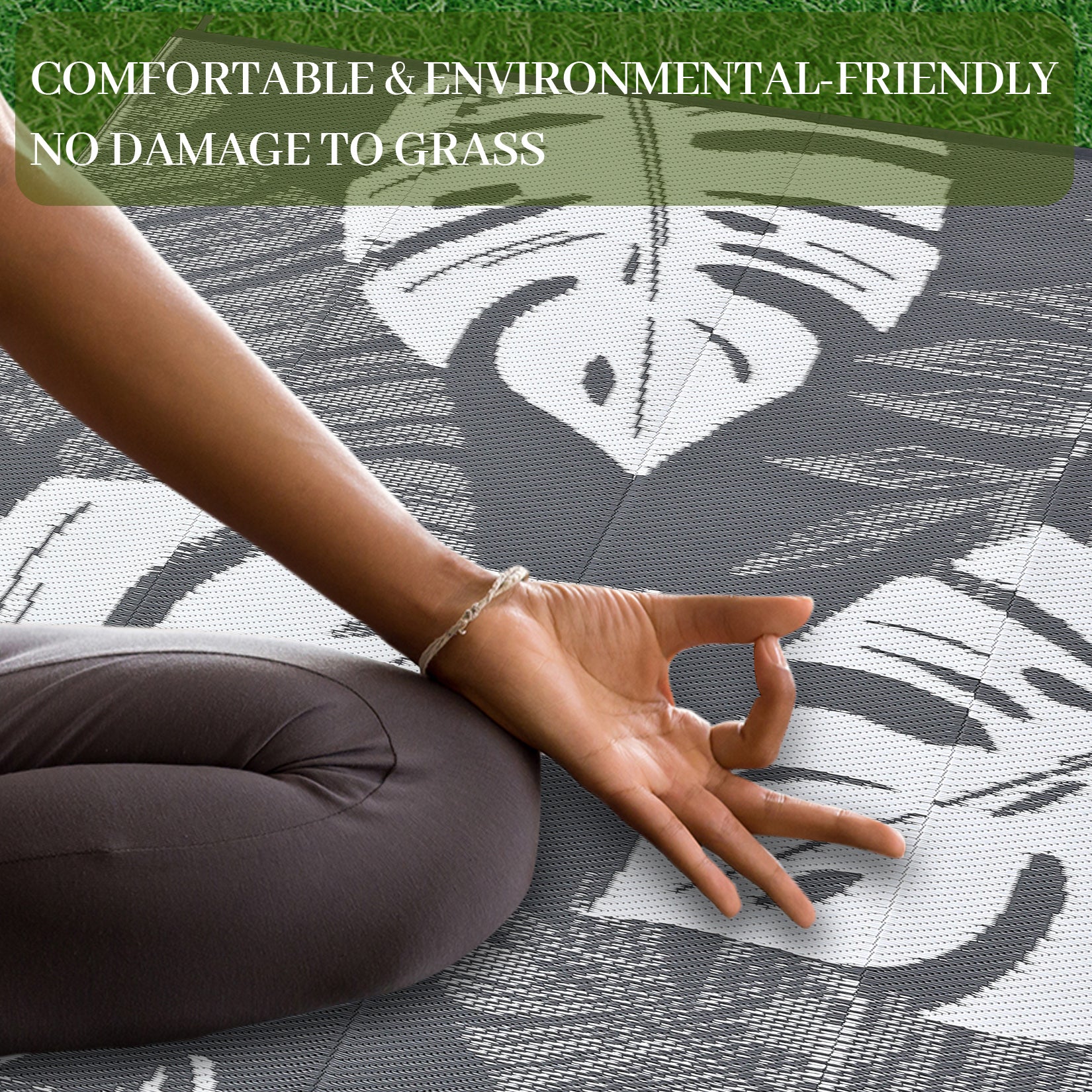 Garvee Outdoor Grey & White 9x12 Rug Waterproof Reversible Outdoor Plastic Straw Rug Tropics Palm Leaves Patio Rug Indoor Outdoor Carpet RV Mat for Deck Backyard Patio RV Camping Beach