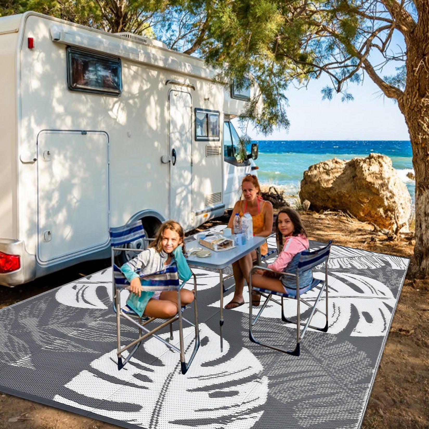 GARVEE Outdoor Grey & White 8x10 Rug Waterproof Reversible Outdoor Plastic Straw Rug Modern Palm Leaves Patio Rug Indoor Outdoor Carpet RV Mat Outside for Patio Camp Balcony Deck Picnic