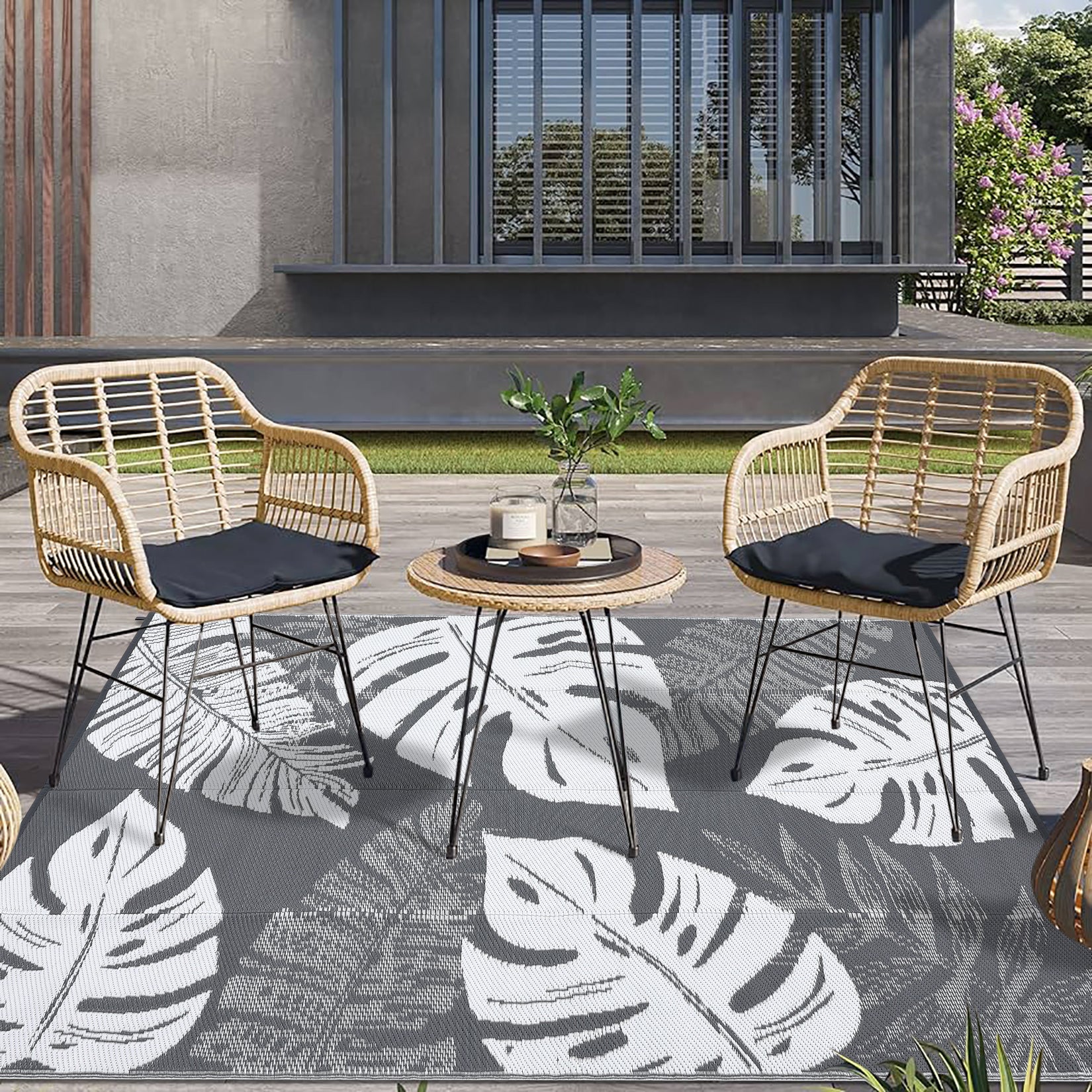 Garvee Outdoor Grey & White 9x12 Rug Waterproof Reversible Outdoor Plastic Straw Rug Tropics Palm Leaves Patio Rug Indoor Outdoor Carpet RV Mat for Deck Backyard Patio RV Camping Beach