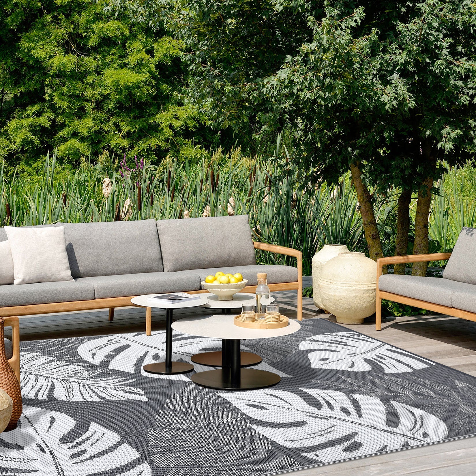 Garvee Outdoor Grey & White 9x12 Rug Waterproof Reversible Outdoor Plastic Straw Rug Tropics Palm Leaves Patio Rug Indoor Outdoor Carpet RV Mat for Deck Backyard Patio RV Camping Beach