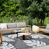 Garvee Outdoor Grey & White 9x12 Rug Waterproof Reversible Outdoor Plastic Straw Rug Tropics Palm Leaves Patio Rug Indoor Outdoor Carpet RV Mat for Deck Backyard Patio RV Camping Beach