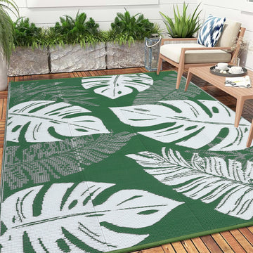 Garvee Outdoor Green 8x10 Rug Waterproof Reversible Outdoor Plastic Straw Rug Modern Palm Leaves Patio Rug Indoor Outdoor Carpet RV Mat Outside for Patio Camp Balcony Deck Picnic