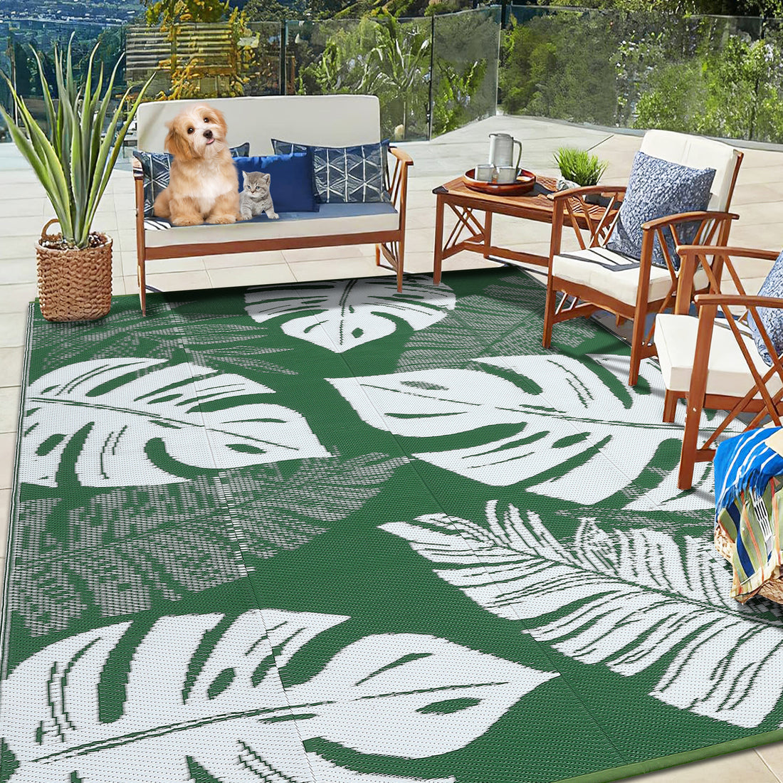 Garvee Outdoor Green 8x10 Rug Waterproof Reversible Outdoor Plastic Straw Rug Modern Palm Leaves Patio Rug Indoor Outdoor Carpet RV Mat Outside for Patio Camp Balcony Deck Picnic