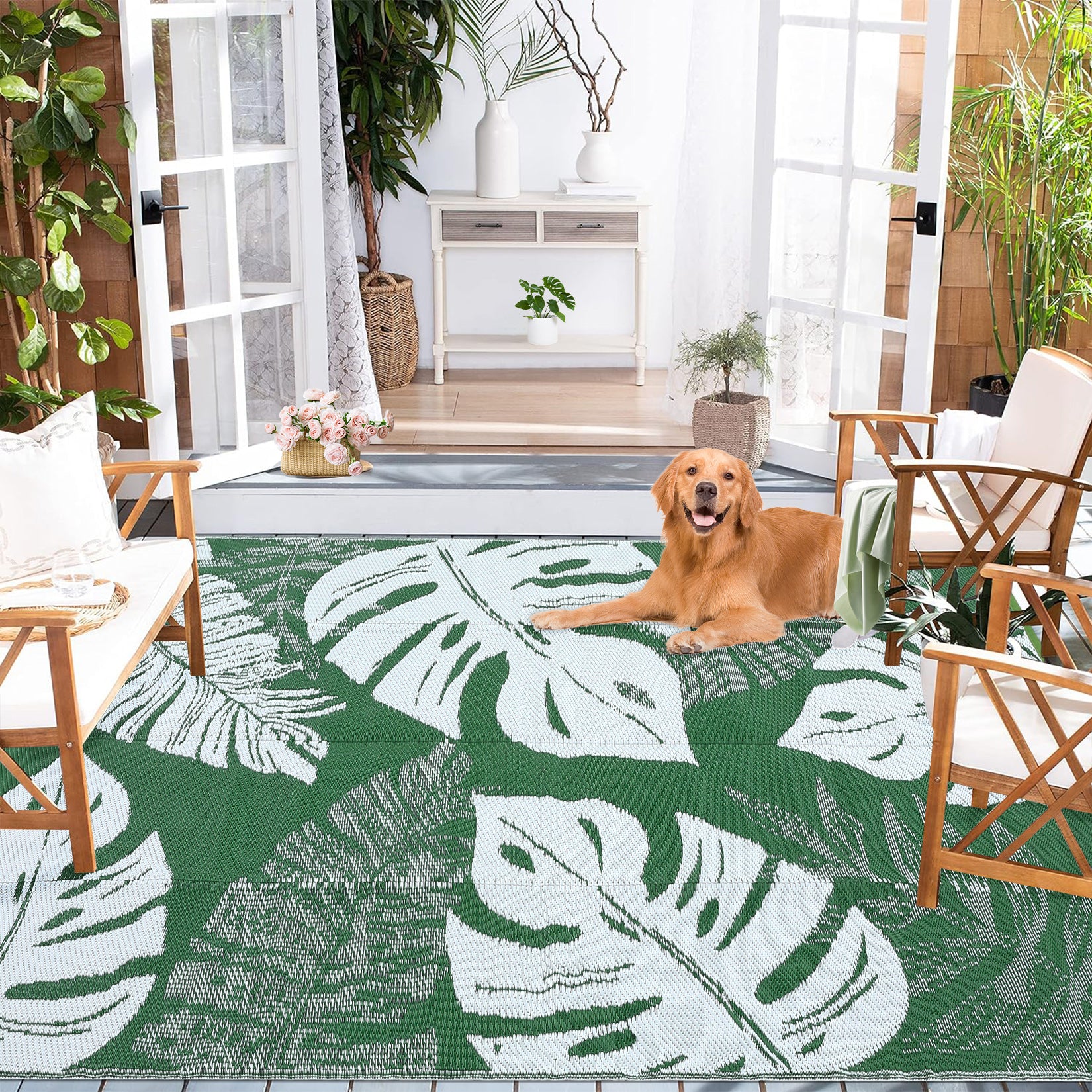 Garvee Outdoor Green 8x10 Rug Waterproof Reversible Outdoor Plastic Straw Rug Modern Palm Leaves Patio Rug Indoor Outdoor Carpet RV Mat Outside for Patio Camp Balcony Deck Picnic