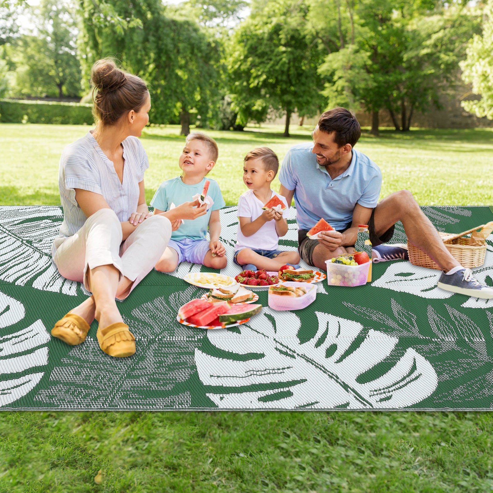 Garvee Outdoor Green 9x12 Rug Waterproof Reversible Outdoor Plastic Straw Rug Tropics Palm Leaves Patio Rug Indoor Outdoor Carpet RV Mat for Deck Backyard Patio RV Camping Beach