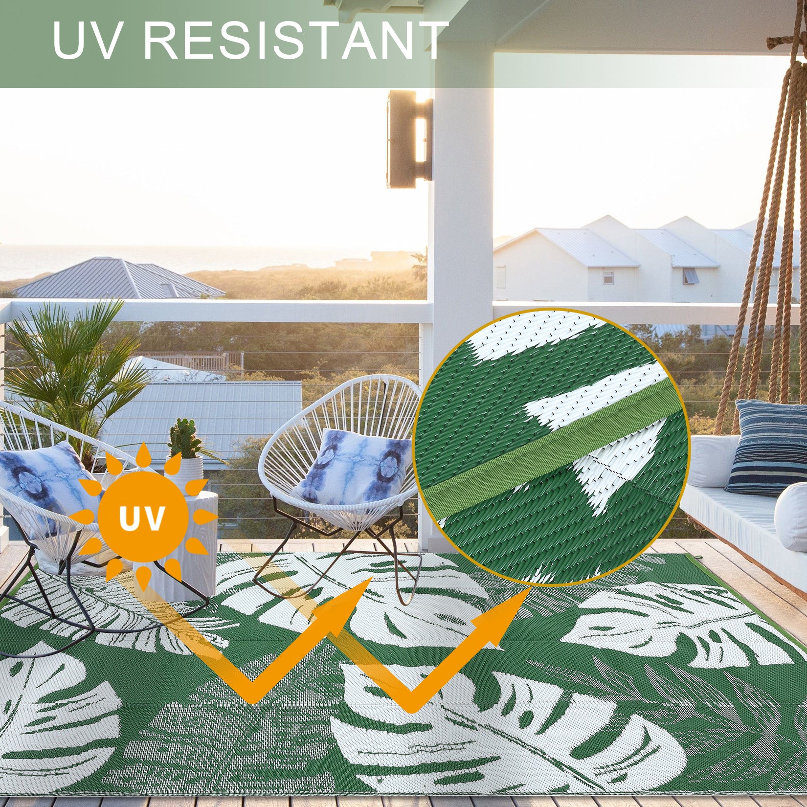 Garvee Outdoor Green 9x12 Rug Waterproof Reversible Outdoor Plastic Straw Rug Tropics Palm Leaves Patio Rug Indoor Outdoor Carpet RV Mat for Deck Backyard Patio RV Camping Beach