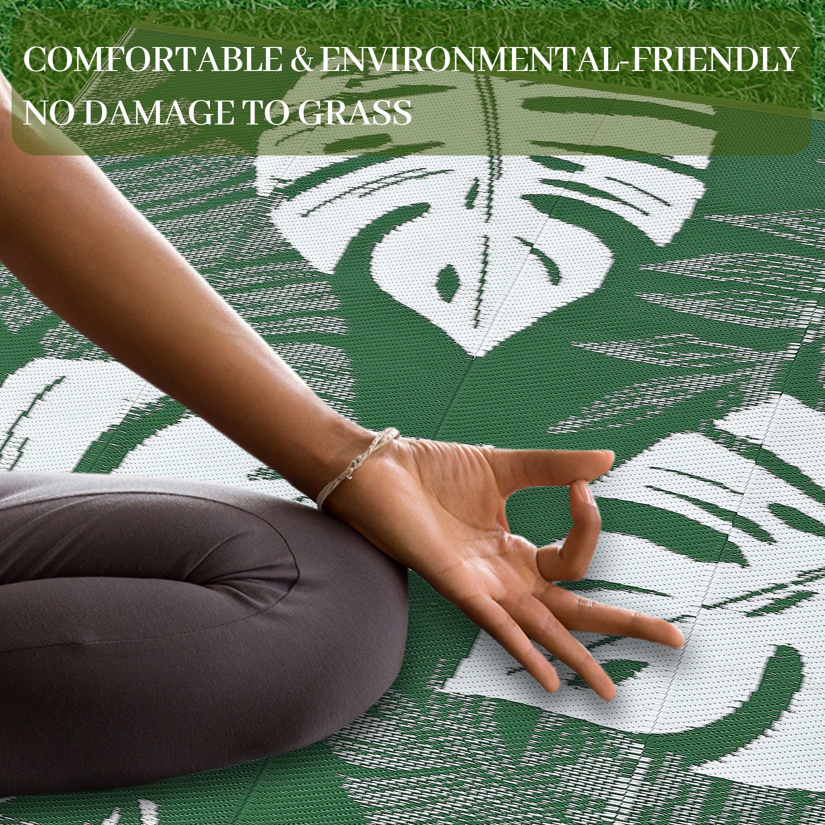 Garvee Outdoor Green 9x12 Rug Waterproof Reversible Outdoor Plastic Straw Rug Tropics Palm Leaves Patio Rug Indoor Outdoor Carpet RV Mat for Deck Backyard Patio RV Camping Beach