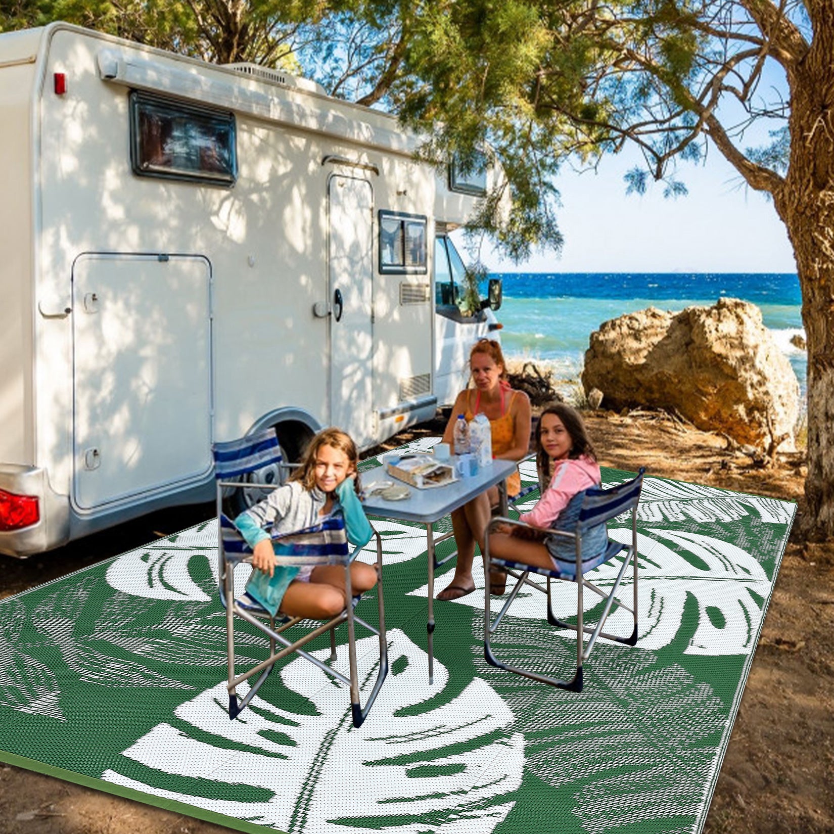 Garvee Outdoor Plastic Straw Area Reversible Rug with Tropical Palm Leaves Pattern for Patio, Deck, RV, and Beach