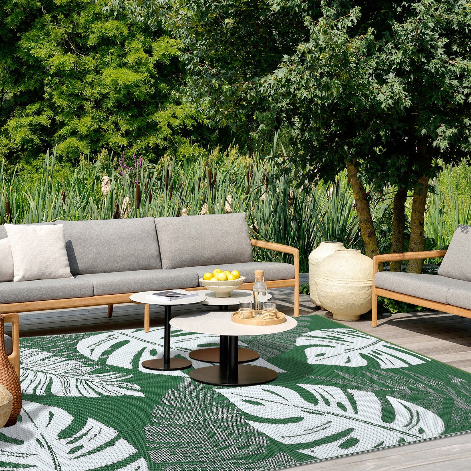 Garvee Outdoor Green 8x10 Rug Waterproof Reversible Outdoor Plastic Straw Rug Modern Palm Leaves Patio Rug Indoor Outdoor Carpet RV Mat Outside for Patio Camp Balcony Deck Picnic