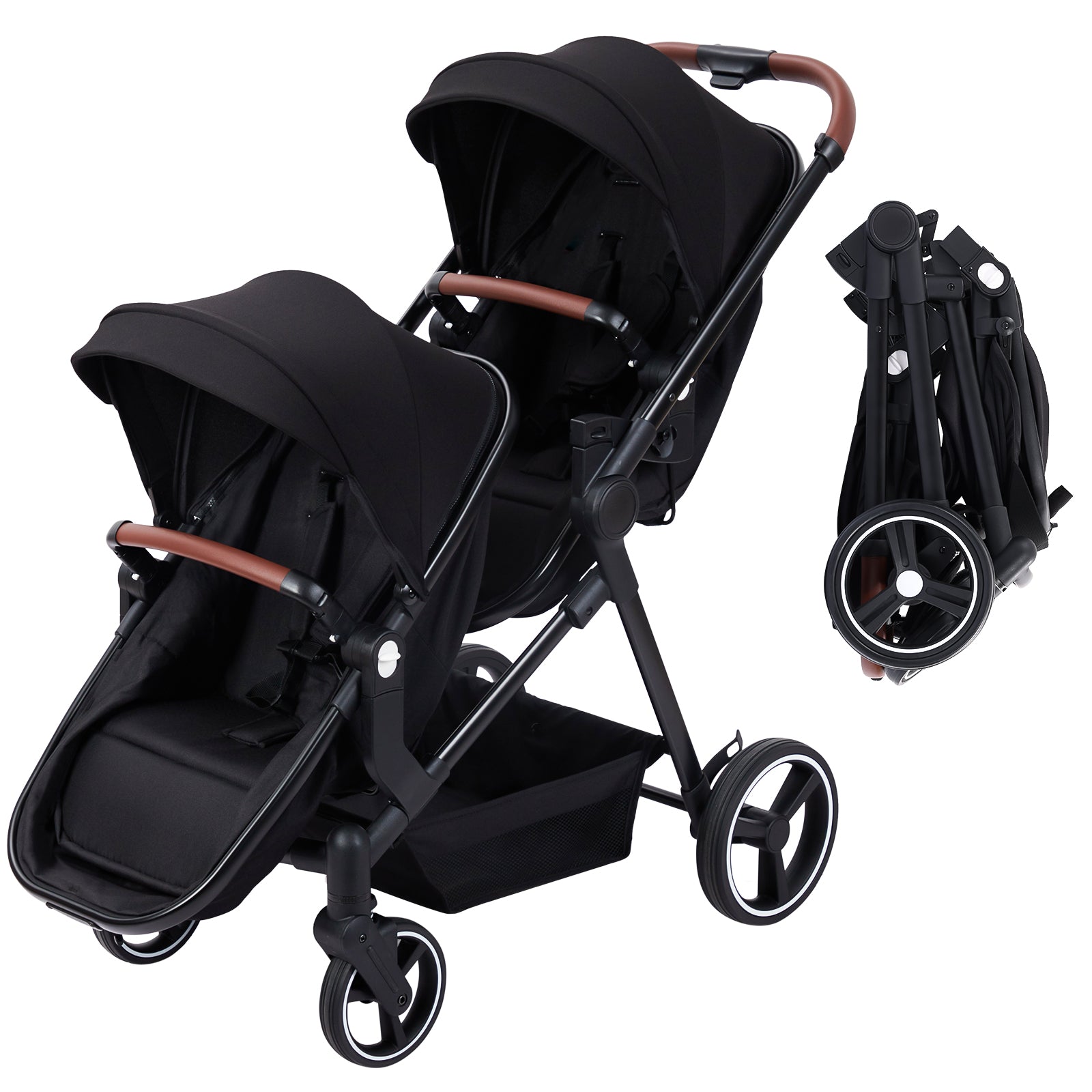 Garvee Double Stroller Track Tandem Stroller for Infant and Toddler, Foldable Pushchair Bassinet Pram, Multi-Position Reversible & Adjustable Backrest, Large Storage Basket and Canopy