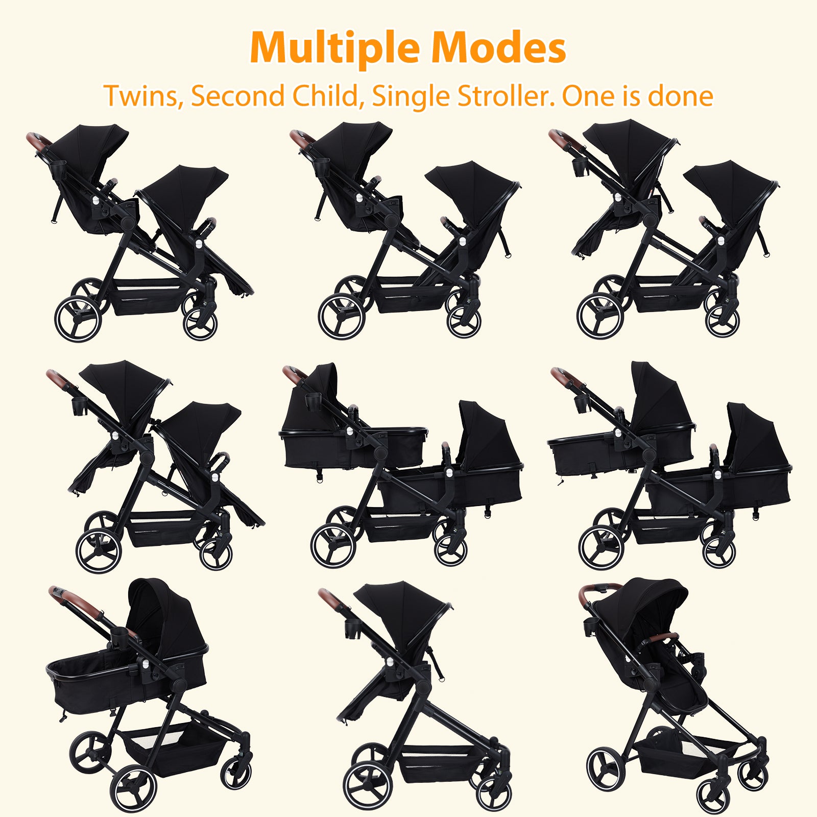 Garvee Double Stroller Track Tandem Stroller for Infant and Toddler, Foldable Pushchair Bassinet Pram, Multi-Position Reversible & Adjustable Backrest, Large Storage Basket and Canopy
