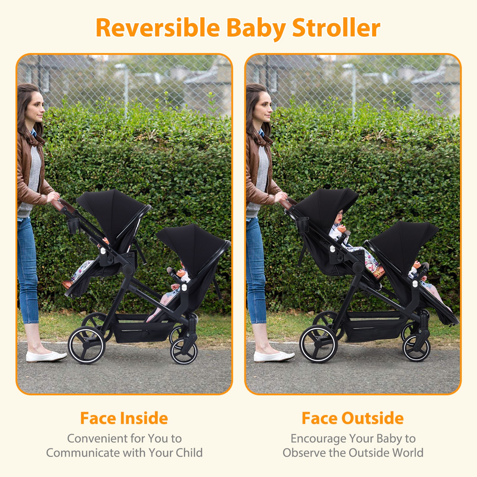 Garvee Double Stroller Track Tandem Stroller for Infant and Toddler, Foldable Pushchair Bassinet Pram, Multi-Position Reversible & Adjustable Backrest, Large Storage Basket and Canopy