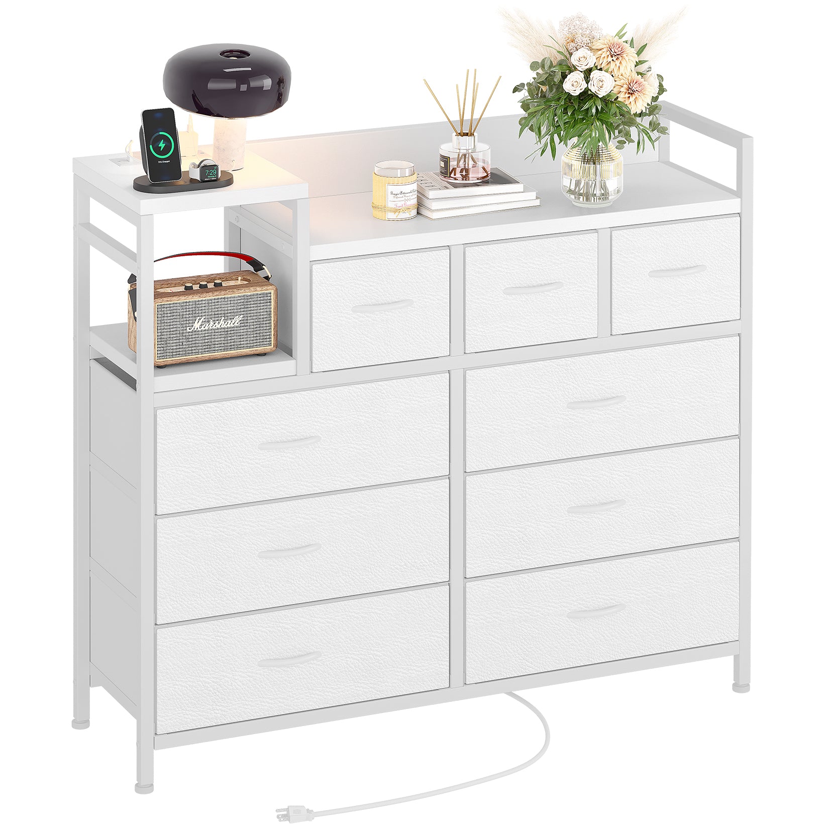 Garvee TV Stand with Charging Station, Bedroom Dresser for Living Room TV Stand with 9 Drawers, White