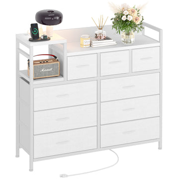 Garvee TV Stand with Charging Station, Bedroom Dresser for Living Room TV Stand with 9 Drawers, White