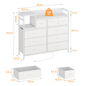 Garvee TV Stand with Charging Station, Bedroom Dresser for Living Room TV Stand with 9 Drawers, White