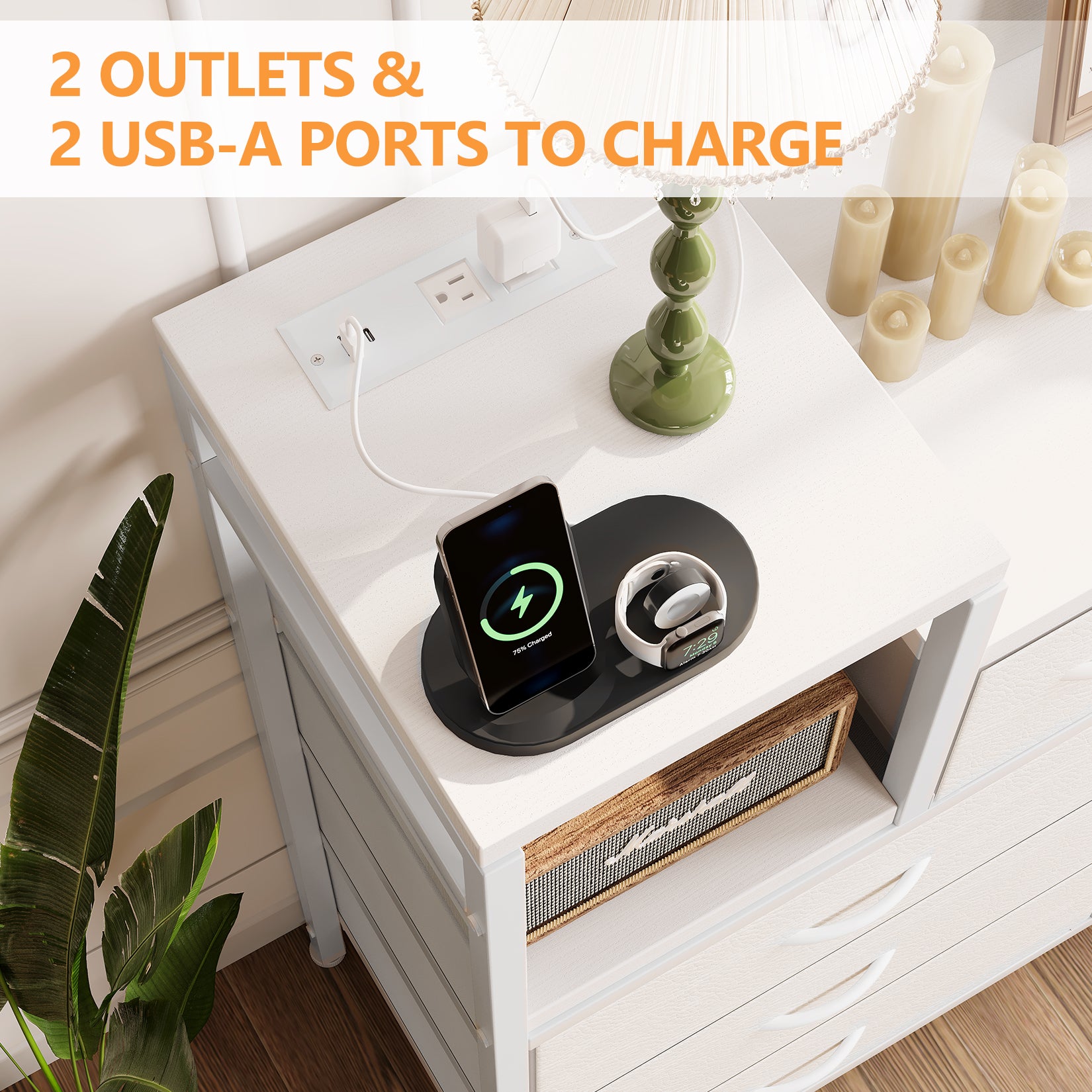 Garvee TV Stand with Charging Station, Bedroom Dresser for Living Room TV Stand with 9 Drawers, White