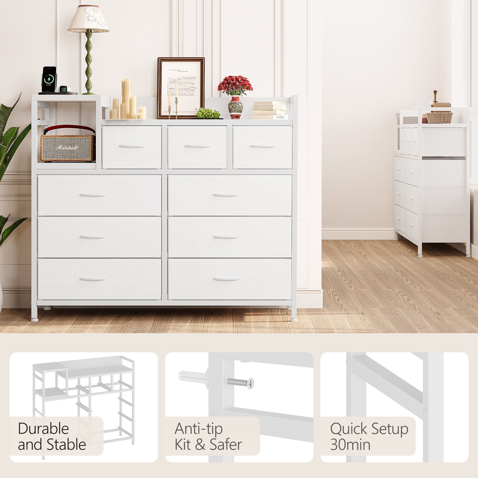 Garvee TV Stand with Charging Station, Bedroom Dresser for Living Room TV Stand with 9 Drawers, White