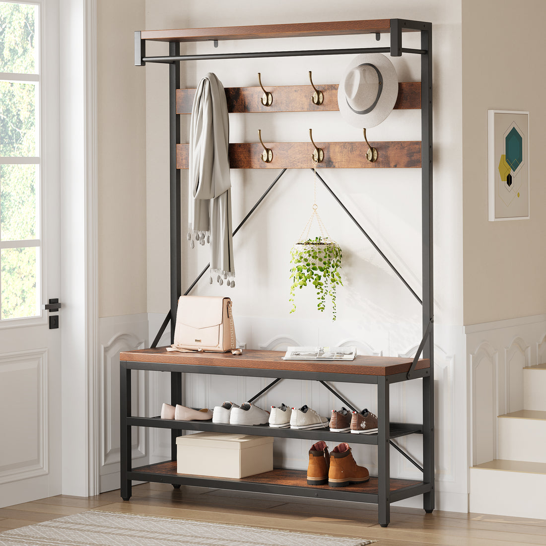 Garvee Industrial Hall Tree Storage Shoe Bench, 72" Mudroom Hall Tree with 8 Hanging Hooks, Shoe Rack, Storage Shelf Hanging Bar, Coat Rack Shoe Bench for Entryway, Brown