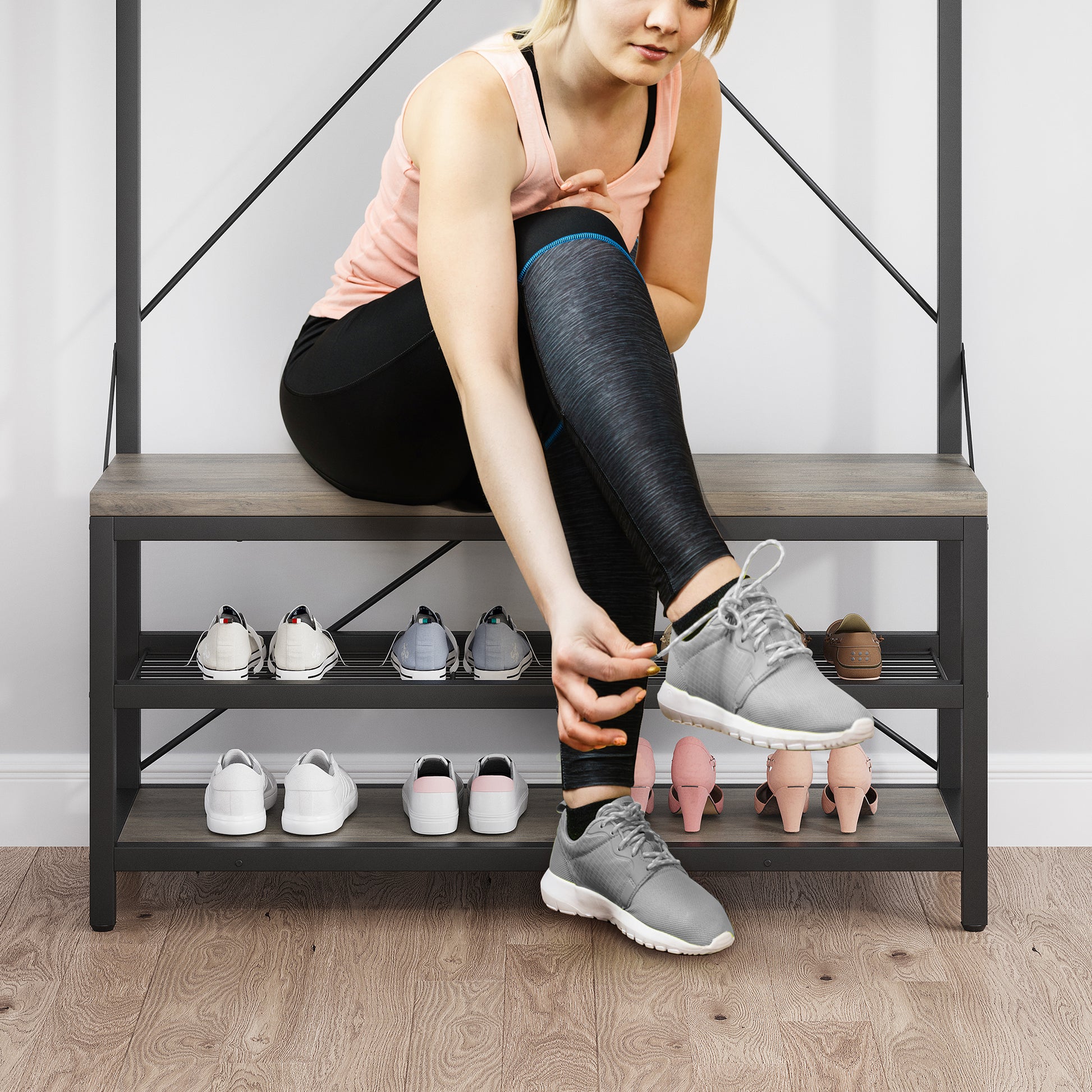 Garvee Industrial Hall Tree Storage Shoe Bench, 72" Mudroom Hall Tree with 8 Hanging Hooks, Shoe Rack, Storage Shelf Hanging Bar, Coat Rack Shoe Bench for Entryway, Grey