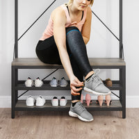 Garvee Industrial Hall Tree Storage Shoe Bench, 72" Mudroom Hall Tree with 8 Hanging Hooks, Shoe Rack, Storage Shelf Hanging Bar, Coat Rack Shoe Bench for Entryway, Grey