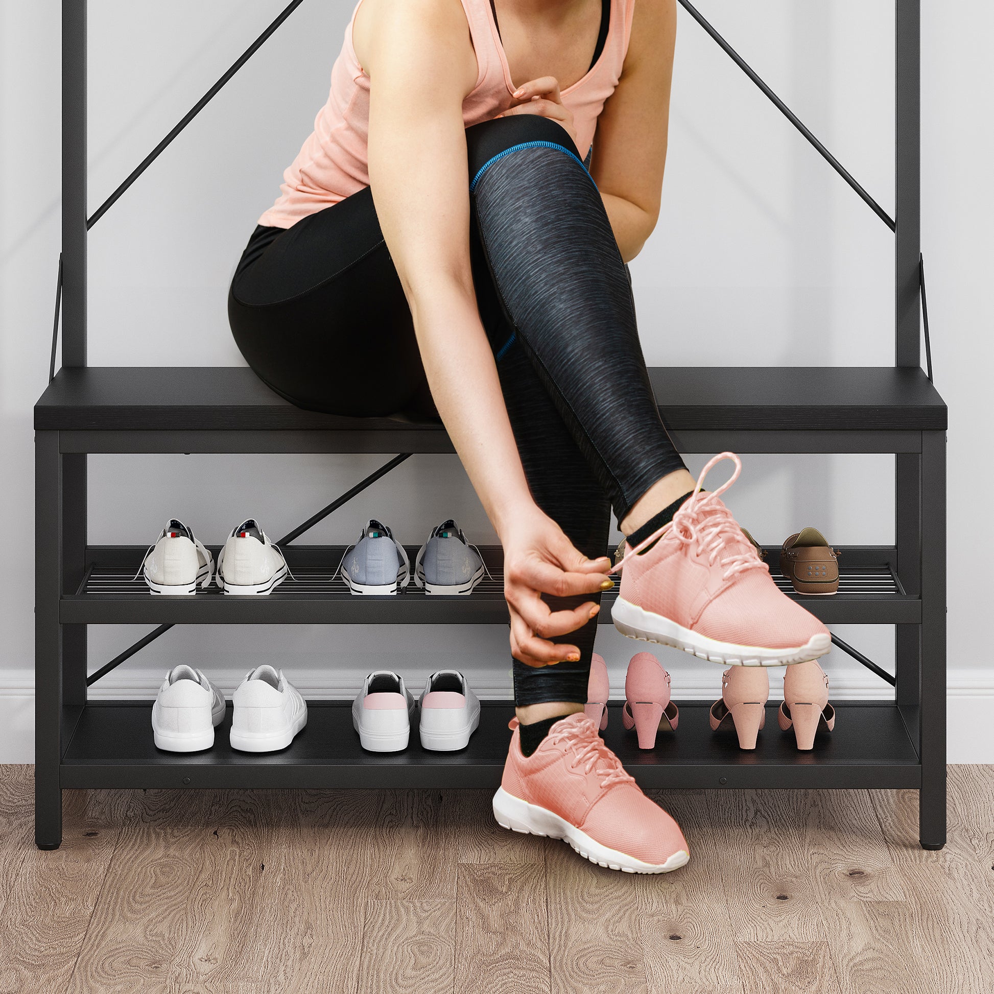 Garvee Industrial Hall Tree Storage Shoe Bench, 72" Mudroom Hall Tree with 8 Hanging Hooks, Shoe Rack, Storage Shelf Hanging Bar, Coat Rack Shoe Bench for Entryway, Black