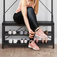 Garvee Industrial Hall Tree Storage Shoe Bench, 72" Mudroom Hall Tree with 8 Hanging Hooks, Shoe Rack, Storage Shelf Hanging Bar, Coat Rack Shoe Bench for Entryway, Black