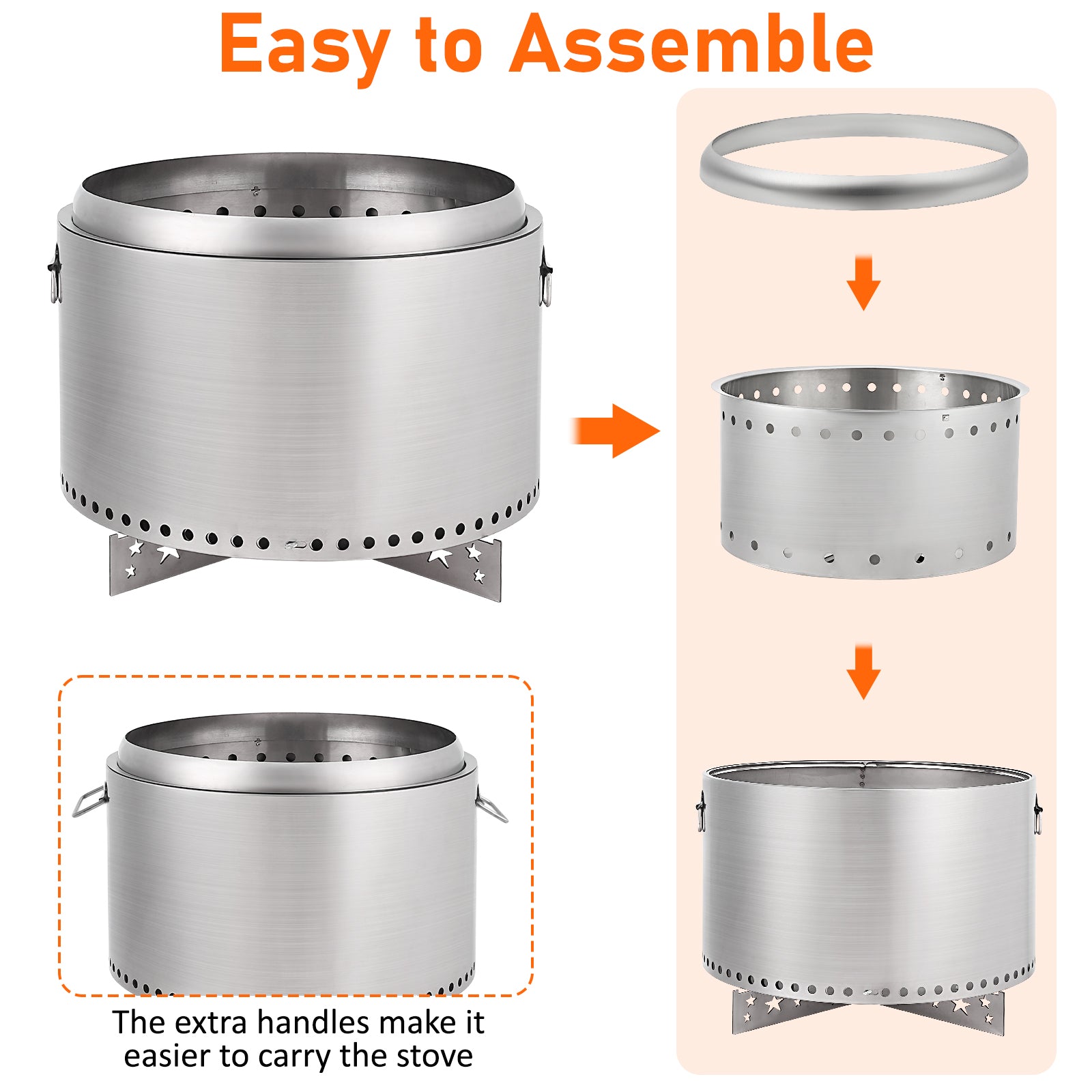 Garvee 20.5" Smokeless Fire Pit with Air Switch,With handle,Wood Burning Portable Stainless Steel Outdoor Firepit with Removable Stand & Stove Hook, Ash Pan, for Camping Backyard Patio Picnic