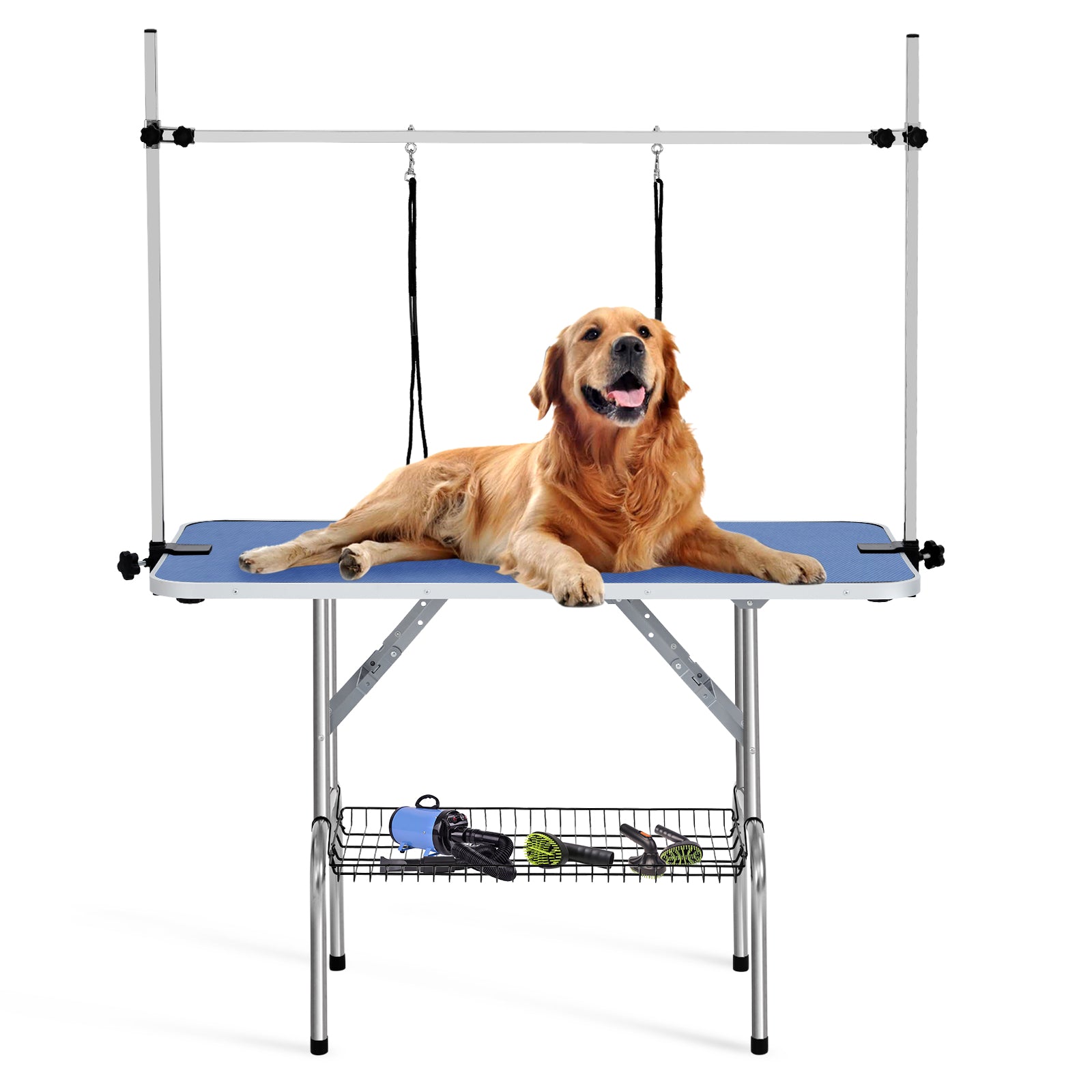 Garvee 48" Dog Grooming Table Adjustable Height Pet Drying Desktop Foldable Pet Grooming Table with Arms, Nooses, Mesh Tray, Foldable Pet Station Max Capacity Up to 330Lbs ,Blue