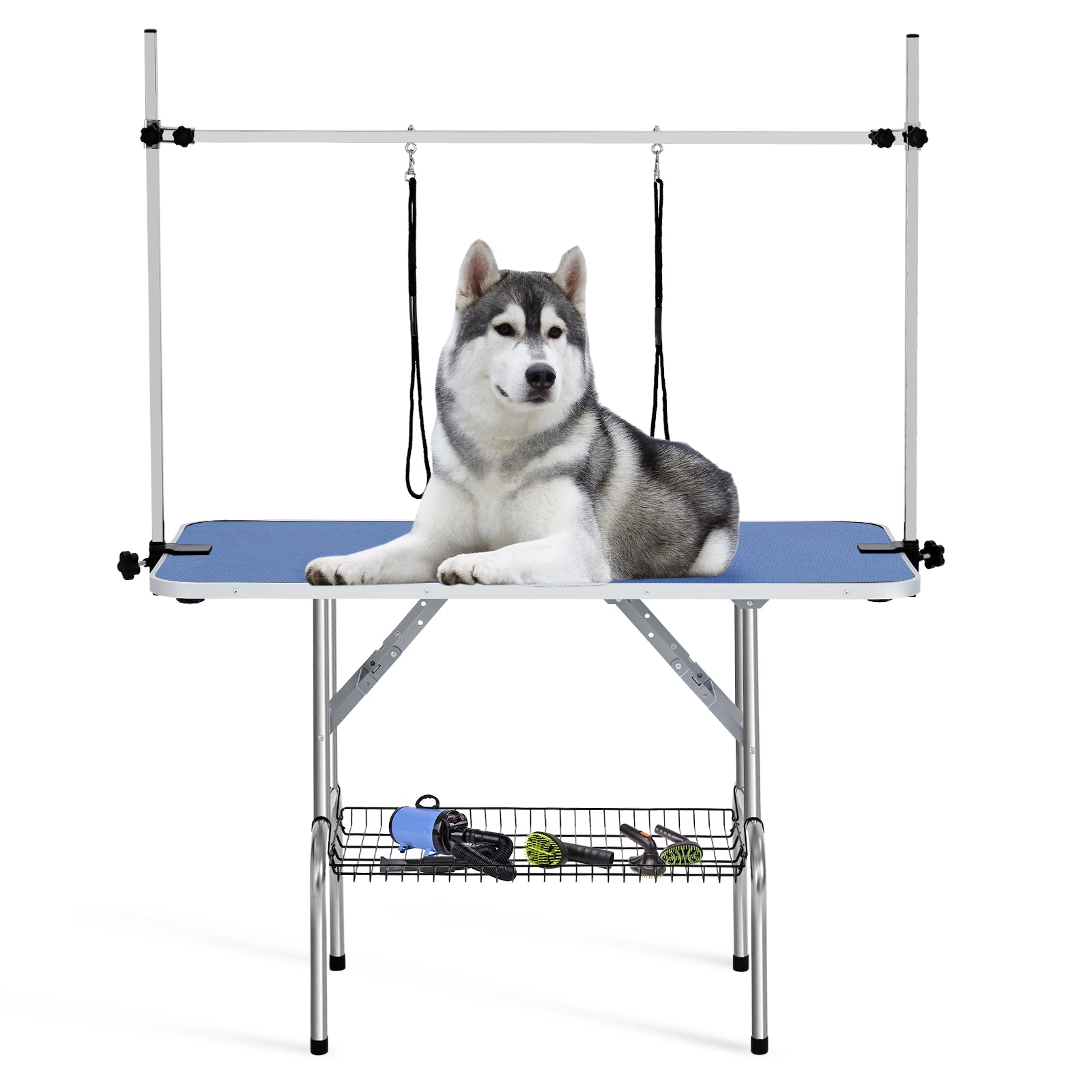 Garvee 48" Dog Grooming Table Adjustable Height Pet Drying Desktop Foldable Pet Grooming Table with Arms, Nooses, Mesh Tray, Foldable Pet Station Max Capacity Up to 330Lbs ,Blue