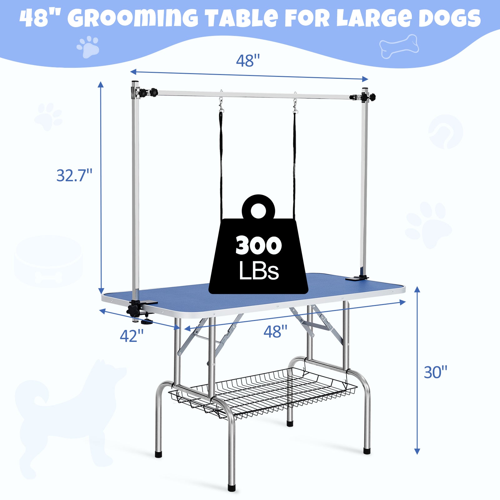 Garvee 48" Dog Grooming Table Adjustable Height Pet Drying Desktop Foldable Pet Grooming Table with Arms, Nooses, Mesh Tray, Foldable Pet Station Max Capacity Up to 330Lbs ,Blue