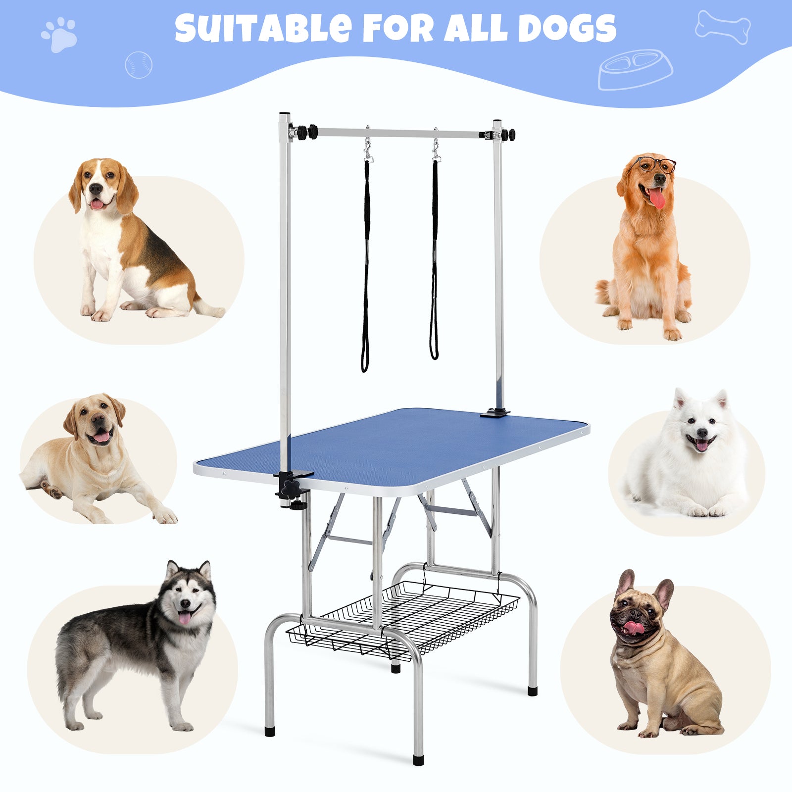 Garvee 48" Dog Grooming Table Adjustable Height Pet Drying Desktop Foldable Pet Grooming Table with Arms, Nooses, Mesh Tray, Foldable Pet Station Max Capacity Up to 330Lbs ,Blue