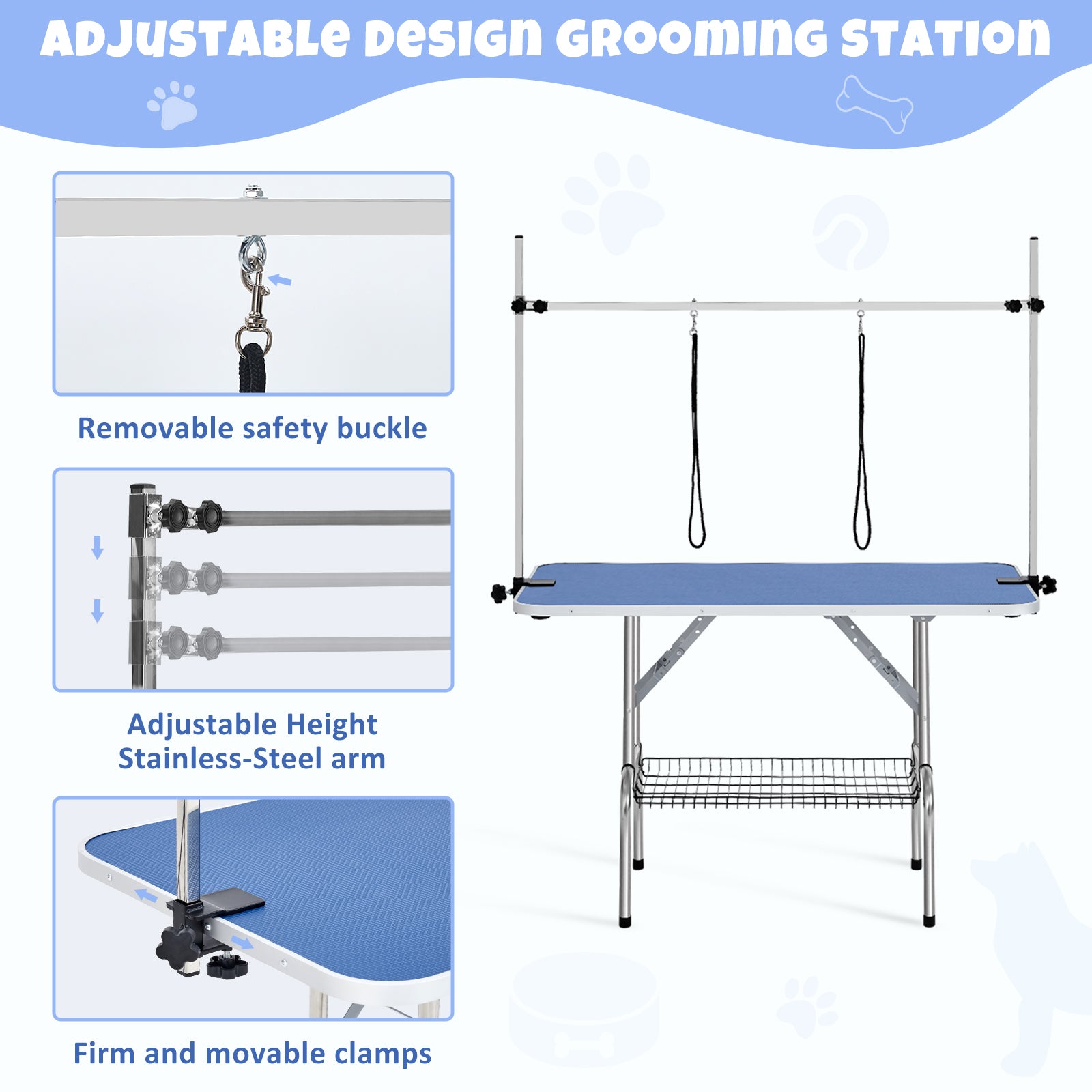 Garvee 48" Dog Grooming Table Adjustable Height Pet Drying Desktop Foldable Pet Grooming Table with Arms, Nooses, Mesh Tray, Foldable Pet Station Max Capacity Up to 330Lbs ,Blue