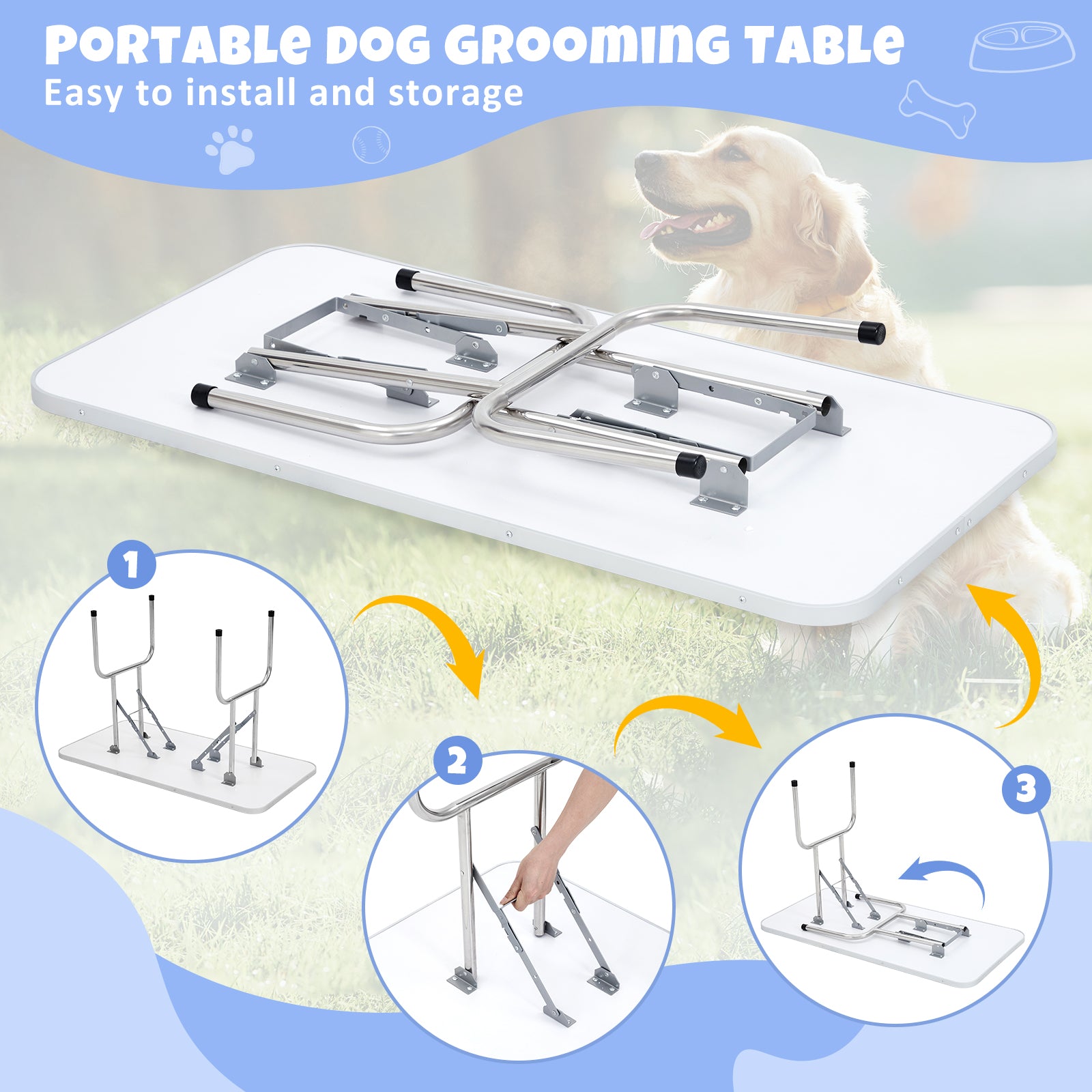Garvee 48" Dog Grooming Table Adjustable Height Pet Drying Desktop Foldable Pet Grooming Table with Arms, Nooses, Mesh Tray, Foldable Pet Station Max Capacity Up to 330Lbs ,Blue