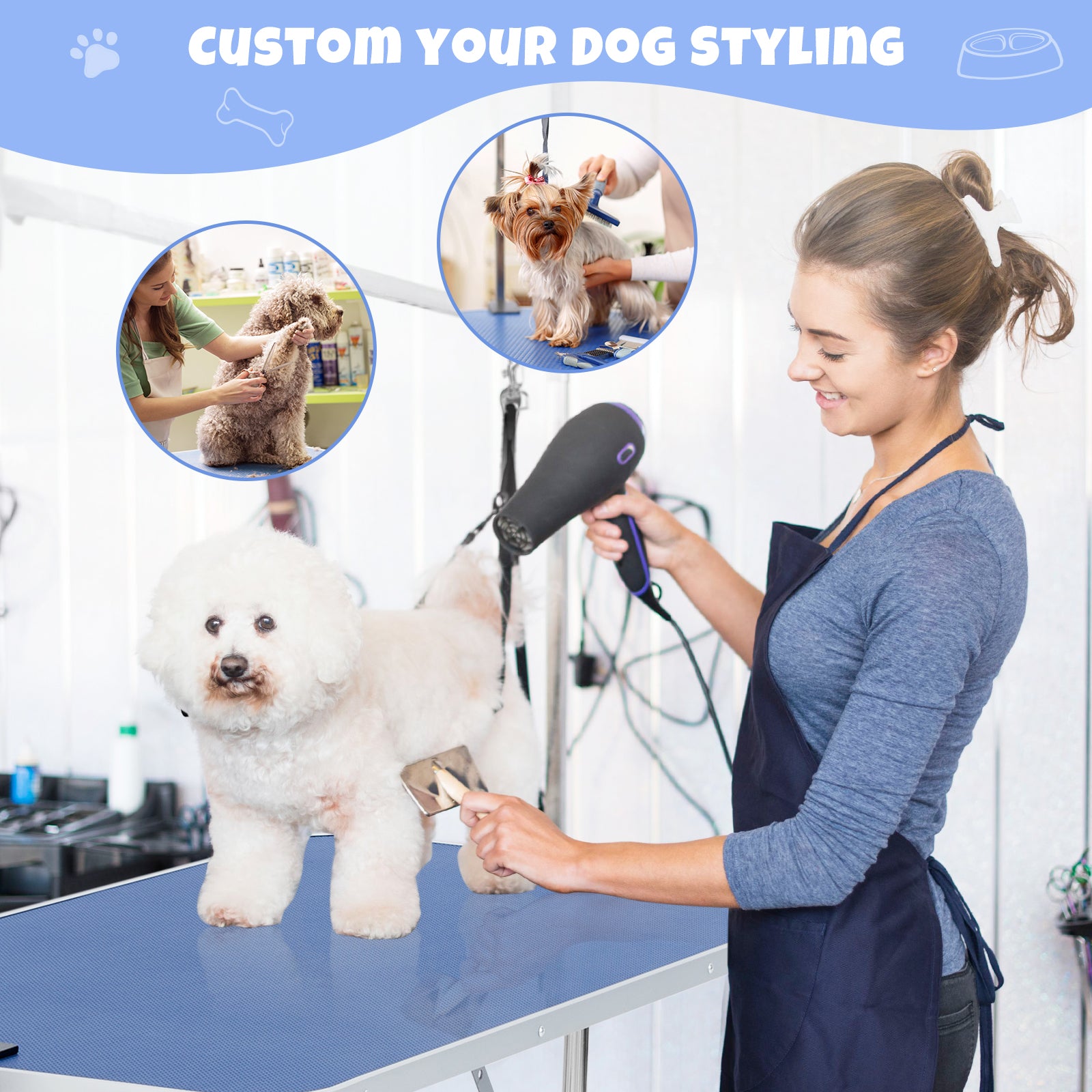 Garvee 48" Dog Grooming Table Adjustable Height Pet Drying Desktop Foldable Pet Grooming Table with Arms, Nooses, Mesh Tray, Foldable Pet Station Max Capacity Up to 330Lbs ,Blue