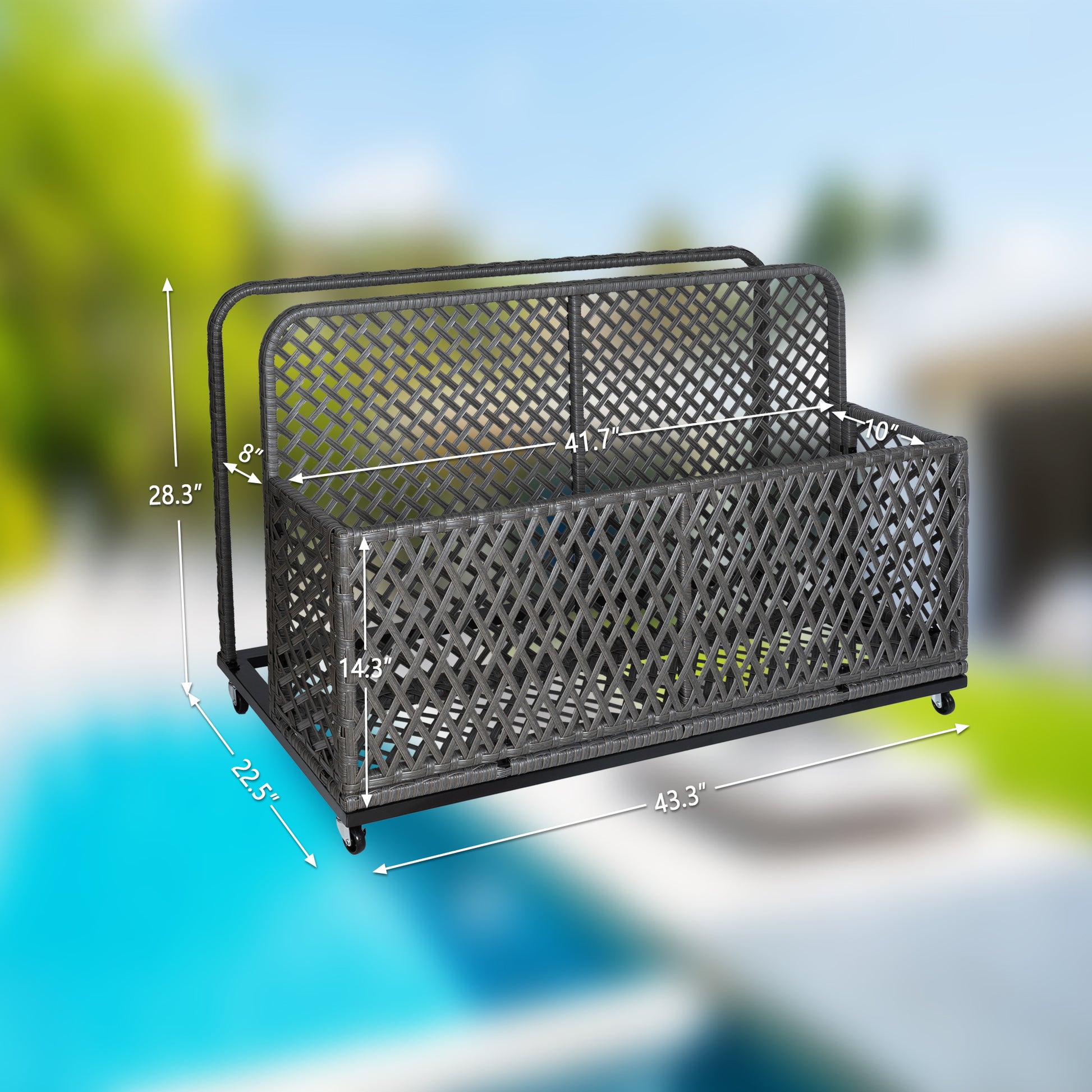 Garvee Outdoor Poolside Float Storage Box - PE Rattan Patio Basket with Rolling Wheels for Floaties, Pool & Beach, Sturdy & Movable, Diamond Grey