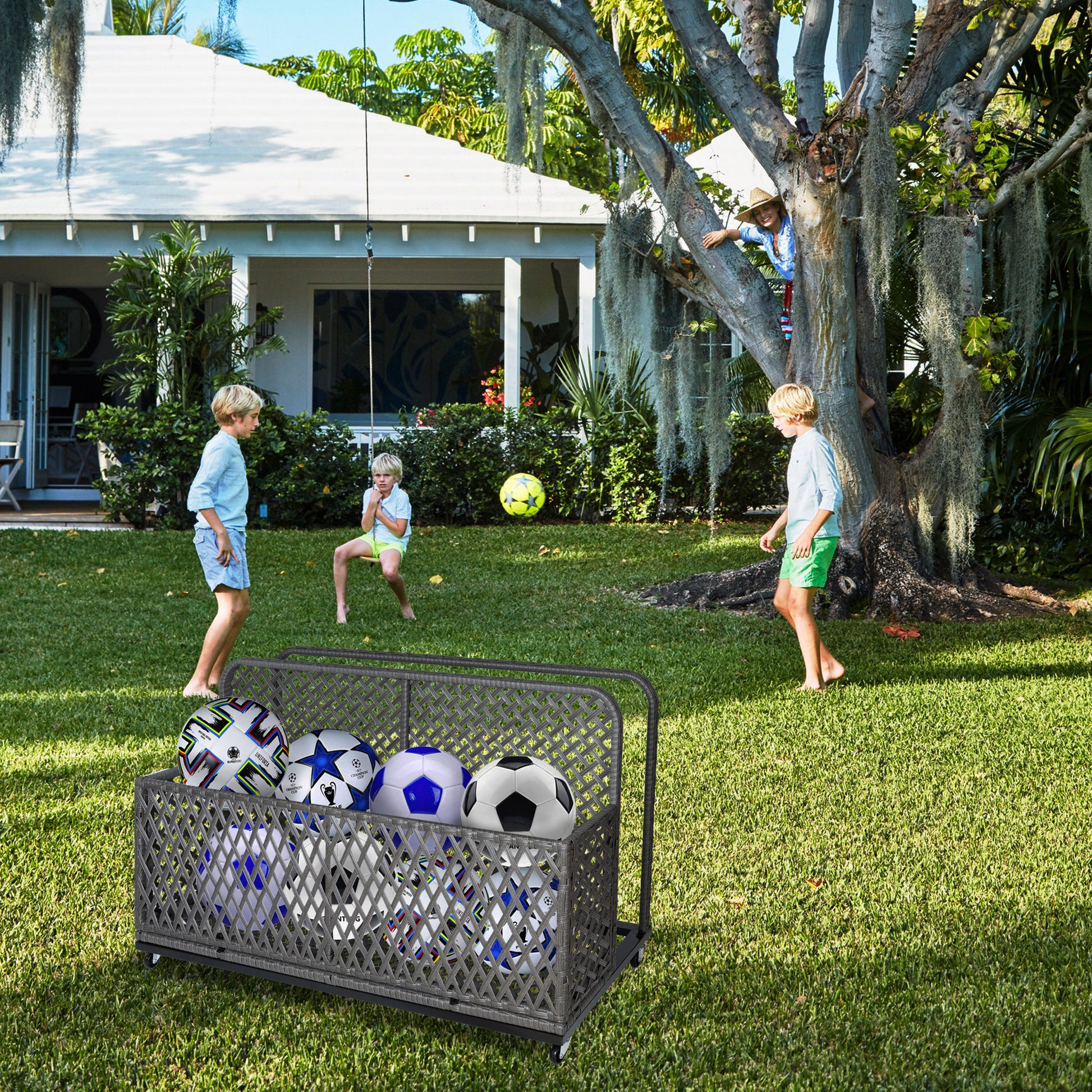 Garvee Outdoor Poolside Float Storage Box - PE Rattan Patio Basket with Rolling Wheels for Floaties, Pool & Beach, Sturdy & Movable, Diamond Grey