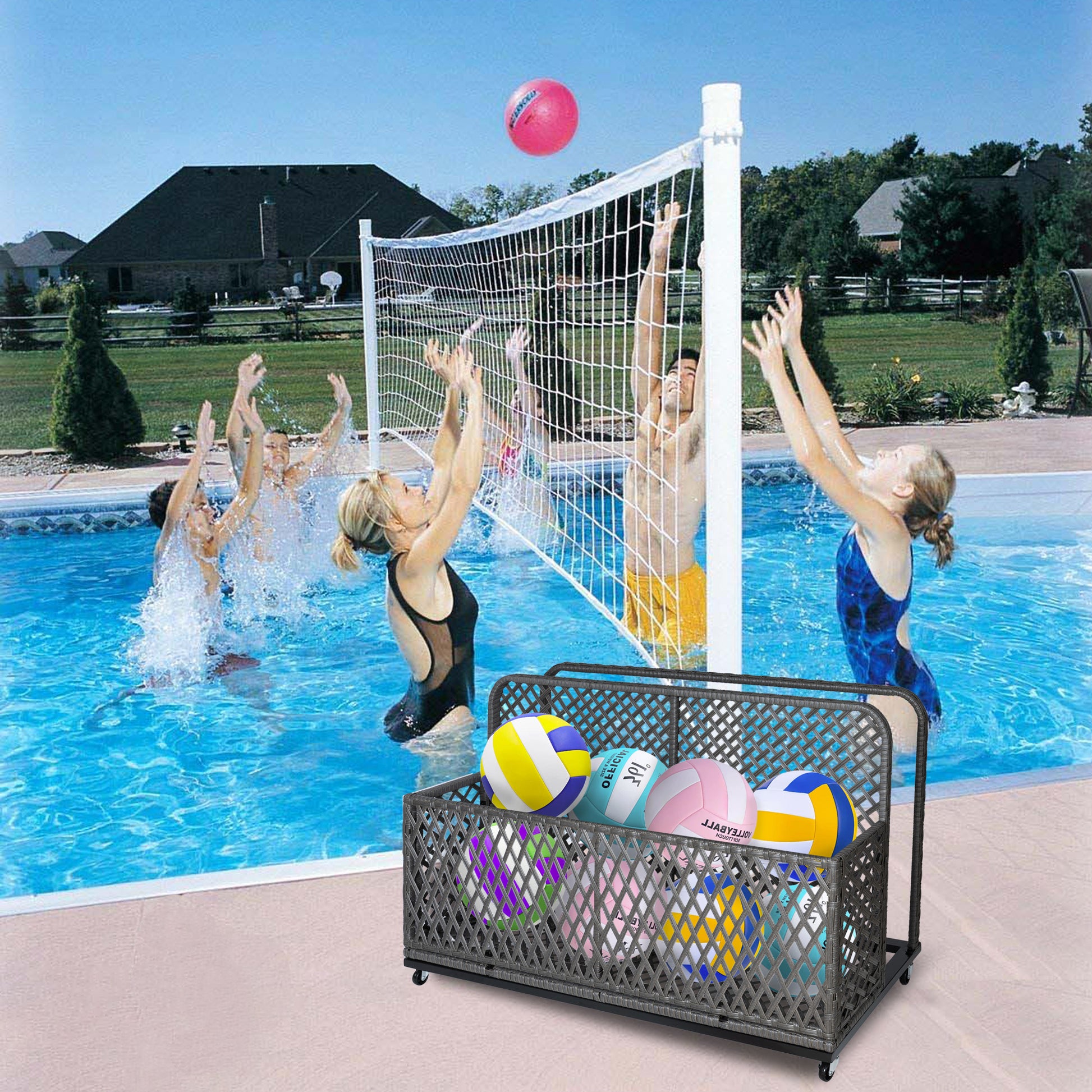 Garvee Outdoor Poolside Float Storage Box - PE Rattan Patio Basket with Rolling Wheels for Floaties, Pool & Beach, Sturdy & Movable, Diamond Grey