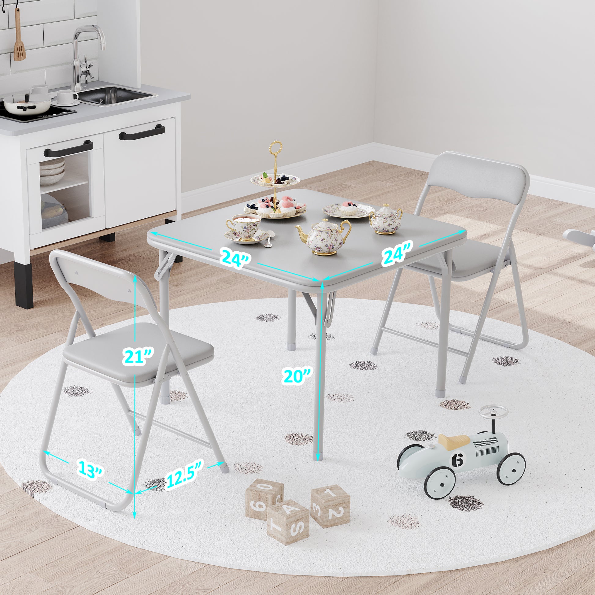 Garvee Boys and Girls Folding Table and Chairs Set of 3, Portable Table and Chair with Pu Soft Cushion, No Installation Required, Suitable for Eating, Reading and Playing, Grey