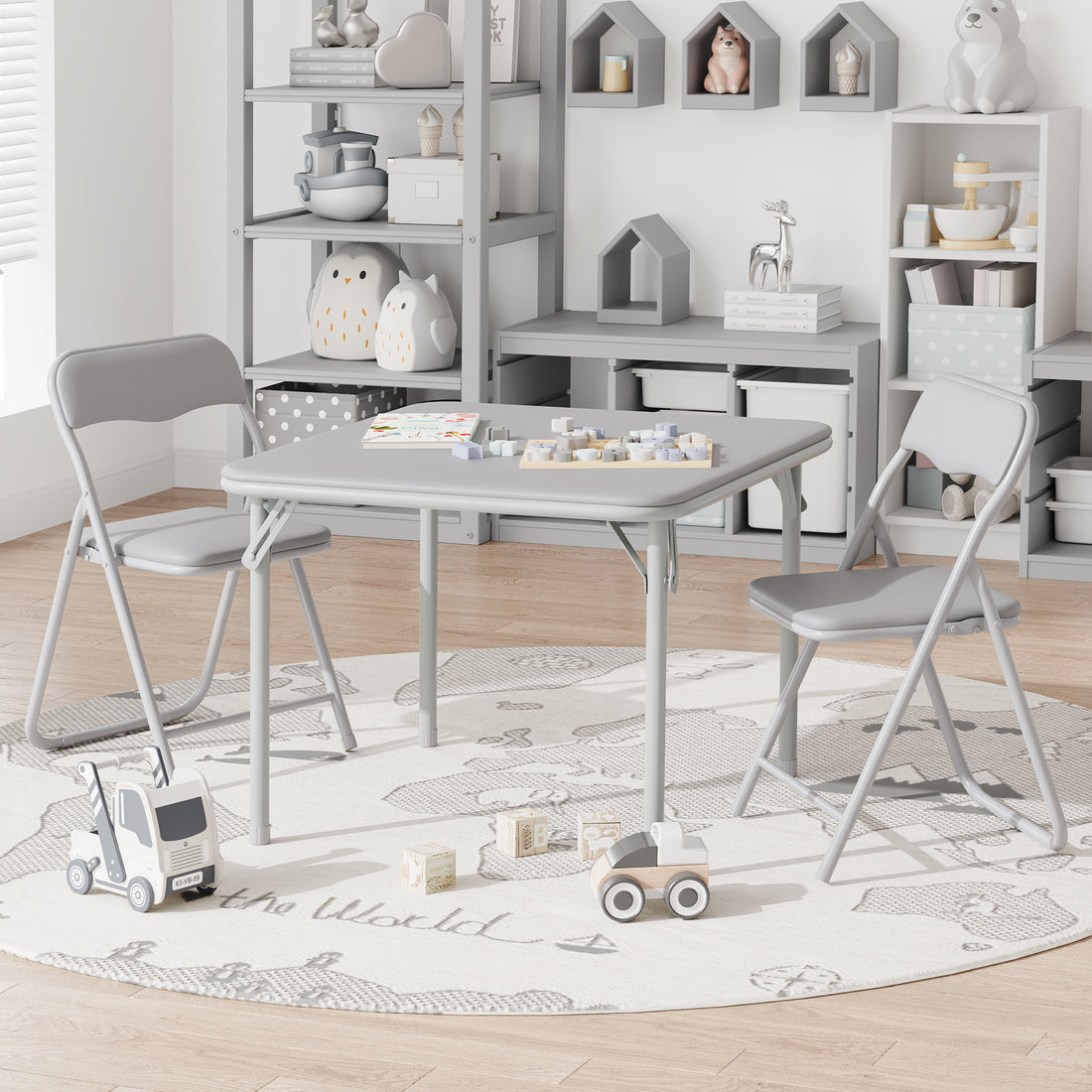 Garvee Boys and Girls Folding Table and Chairs Set of 3, Portable Table and Chair with Pu Soft Cushion, No Installation Required, Suitable for Eating, Reading and Playing, Grey
