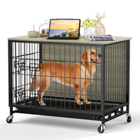 Garvee Dog Crate Furniture, 32.5" Wooden Dog Kennel Furniture Style Dog Crate with Removable Tray and Wheels, Heavy-Duty Double-Doors Dog Cage End Table, Indoor Dog House for Large Dogs, Grey