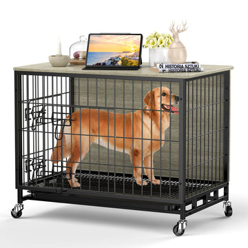 Garvee Dog Crate Furniture, 32.5" Wooden Dog Kennel Furniture Style Dog Crate with Removable Tray and Wheels, Heavy-Duty Double-Doors Dog Cage End Table, Indoor Dog House for Large Dogs, Grey